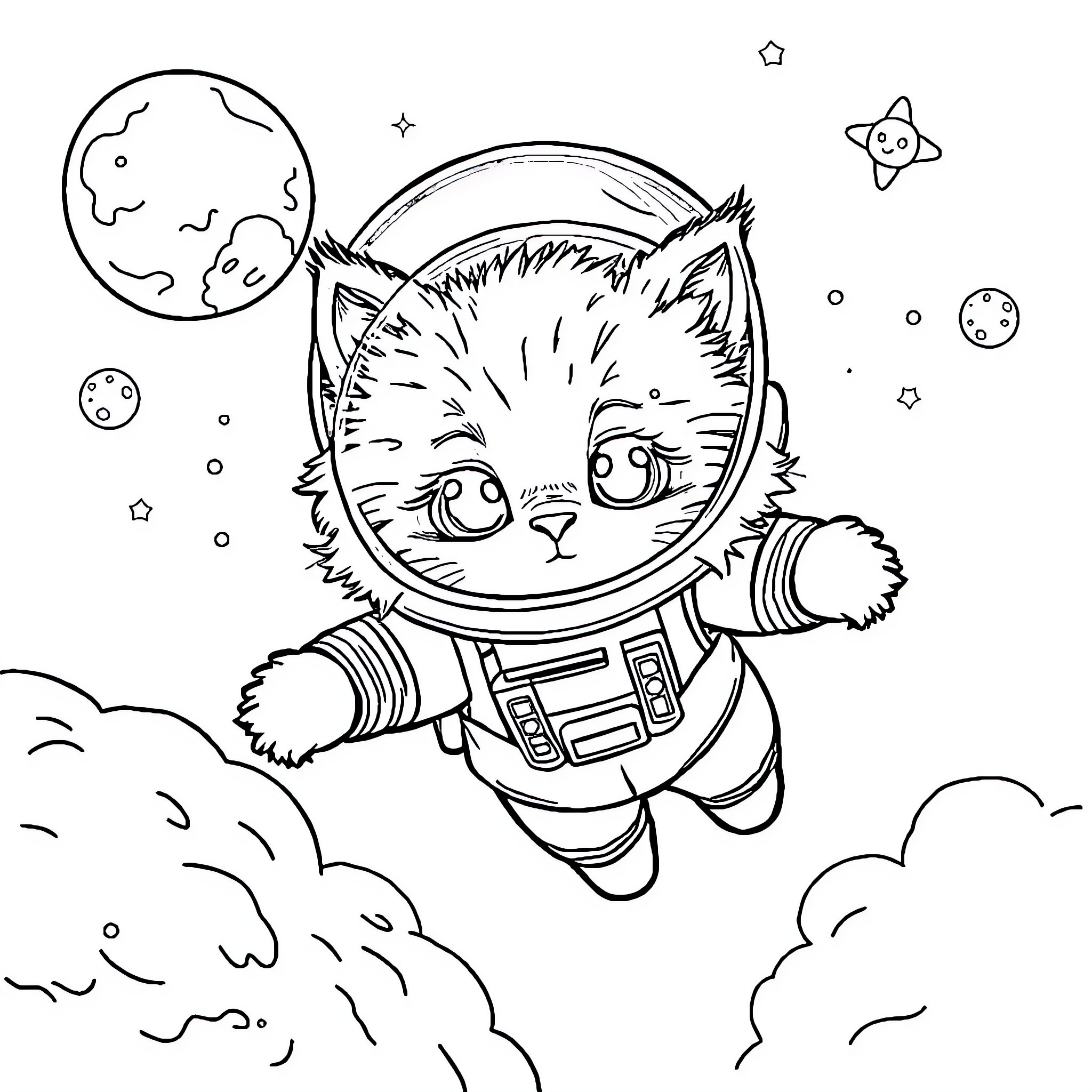 Cat astronaut exploring the cosmos Coloring Page (free black-and-white line drawing printable PDF for all, from beginners to advanced learners, including children, teens, adults, and seniors)