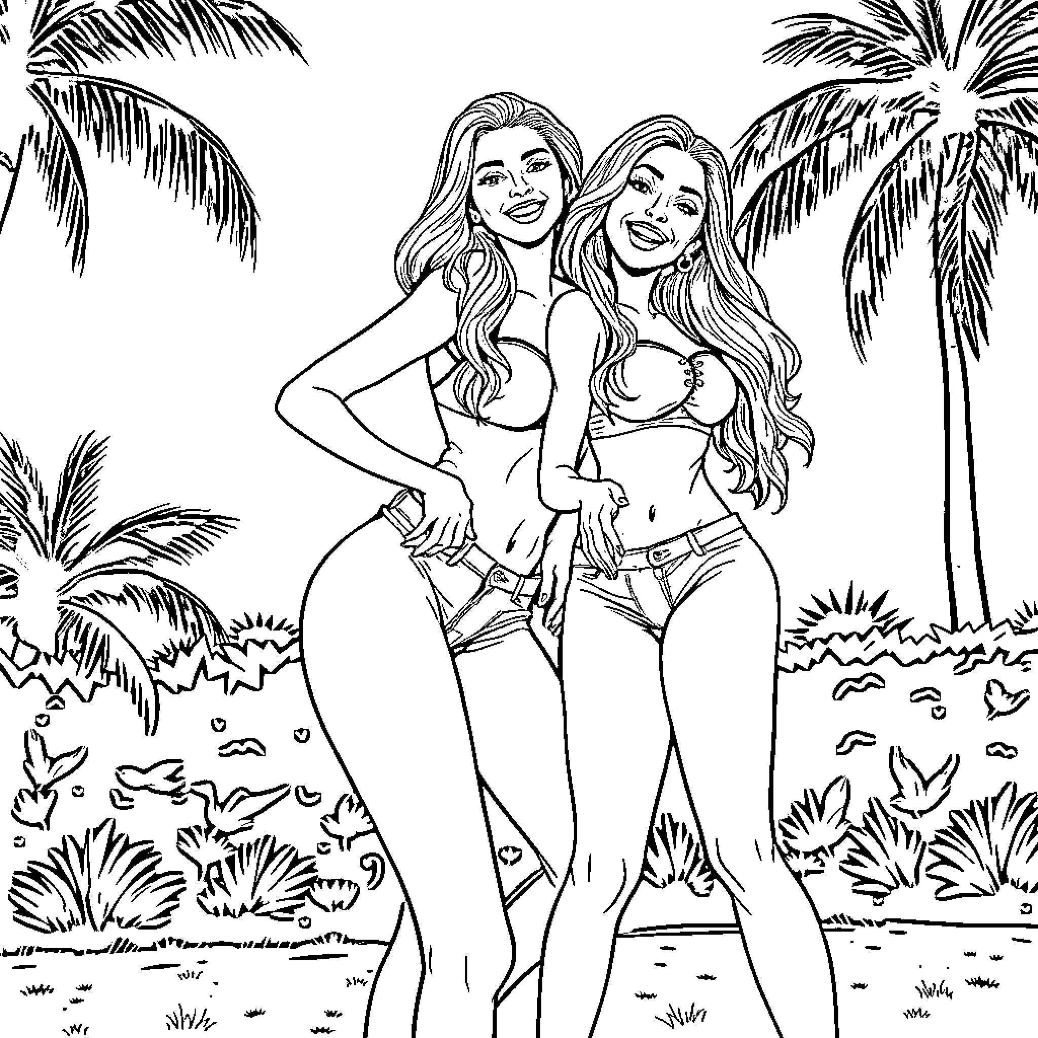 Zendaya and her friend on a tropical beach Coloring Page (free black-and-white line drawing printable PDF for all, from beginners to advanced learners, including children, teens, adults, and seniors)