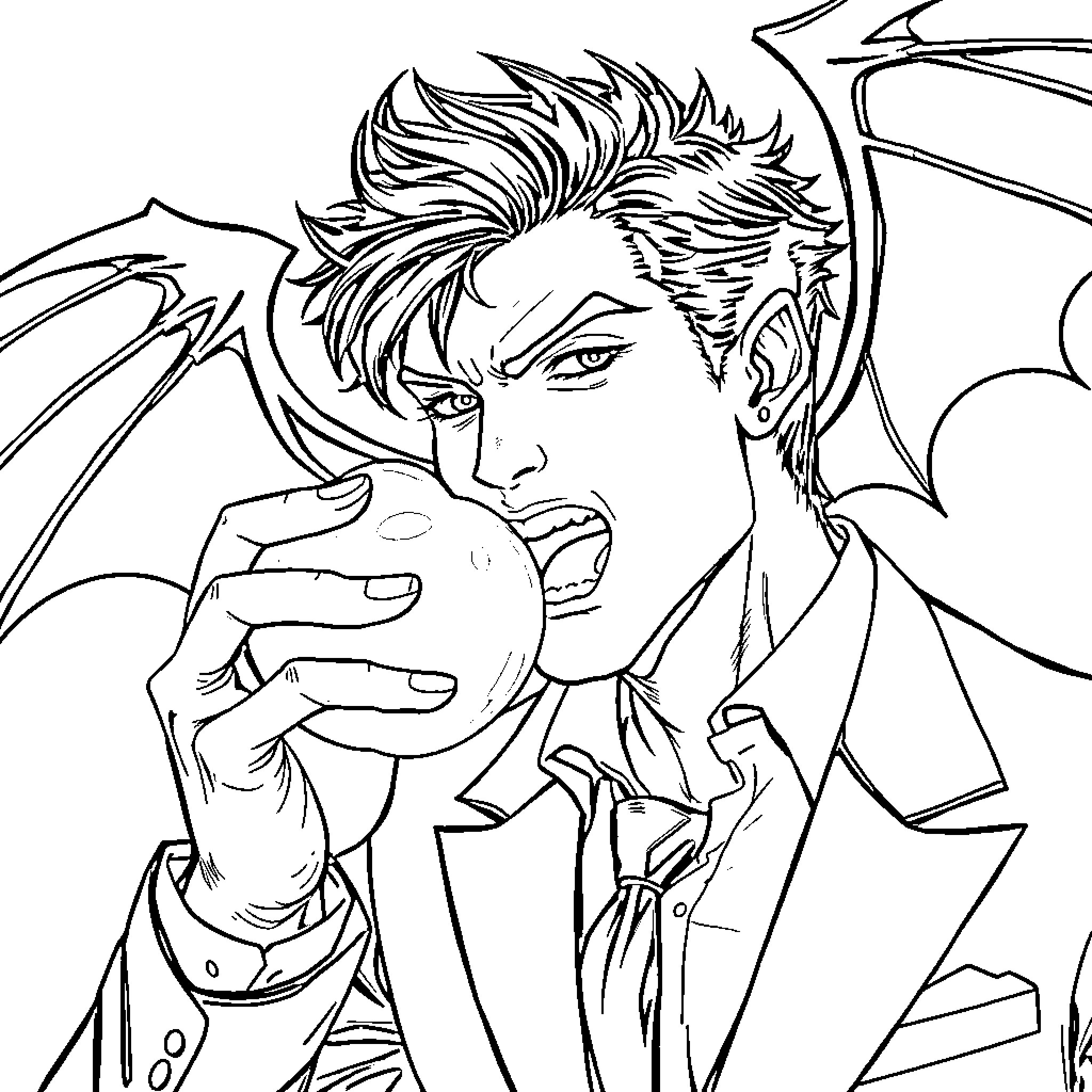 Male character with demonic features in a pensive pose Coloring Page (free black-and-white line drawing printable PDF for all, from beginners to advanced learners, including children, teens, adults, and seniors)