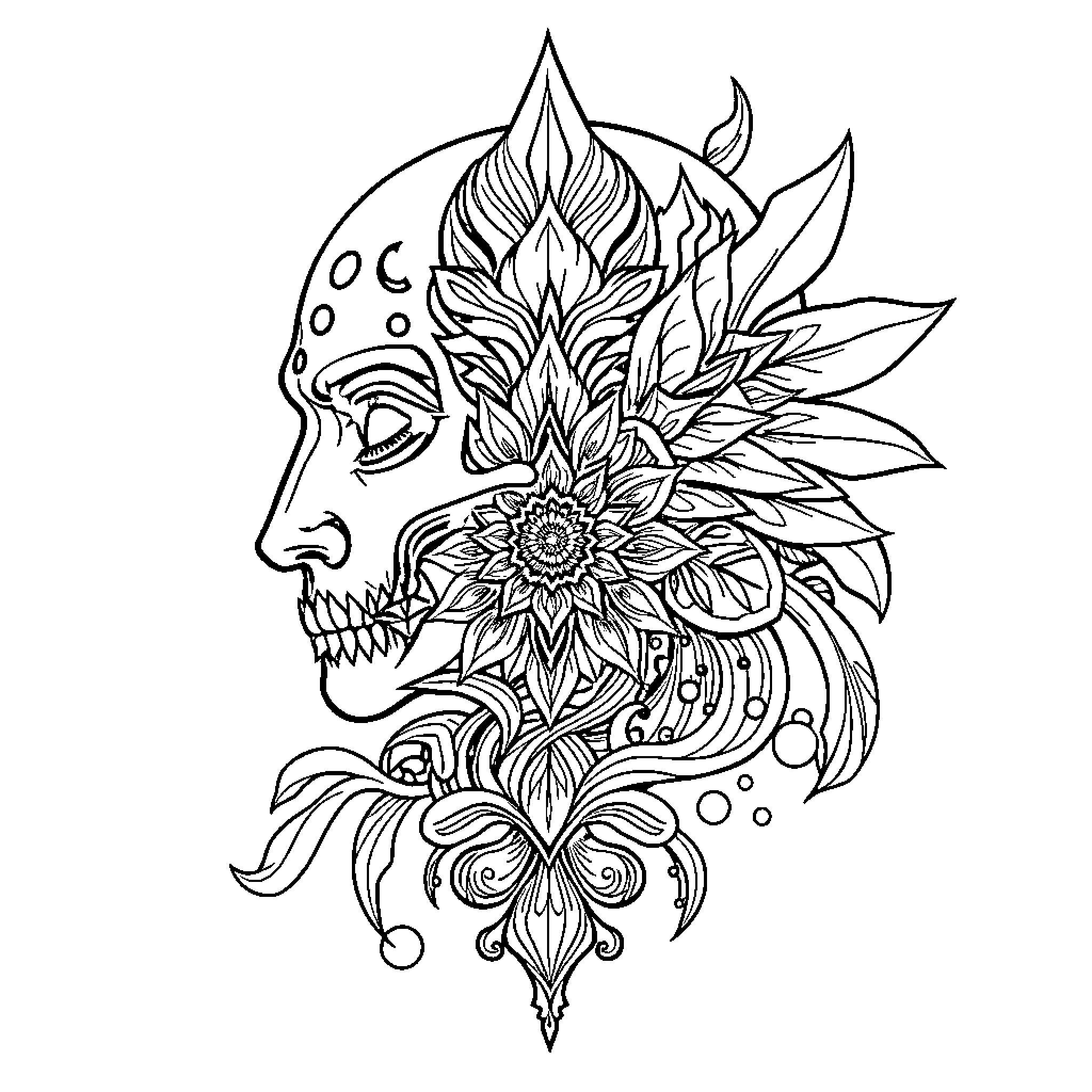 Tattoo of intricate skull with floral design Coloring Page (free black-and-white line drawing printable PDF for all, from beginners to advanced learners, including children, teens, adults, and seniors)