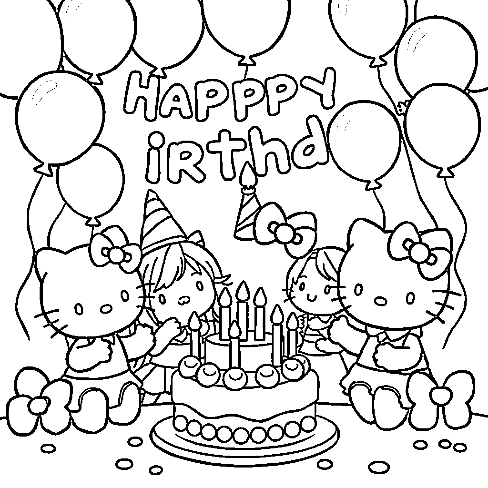 Hello Kitty's Happy Birthday Party Coloring Page (free black-and-white line drawing printable PDF for all, from beginners to advanced learners, including children, teens, adults, and seniors)