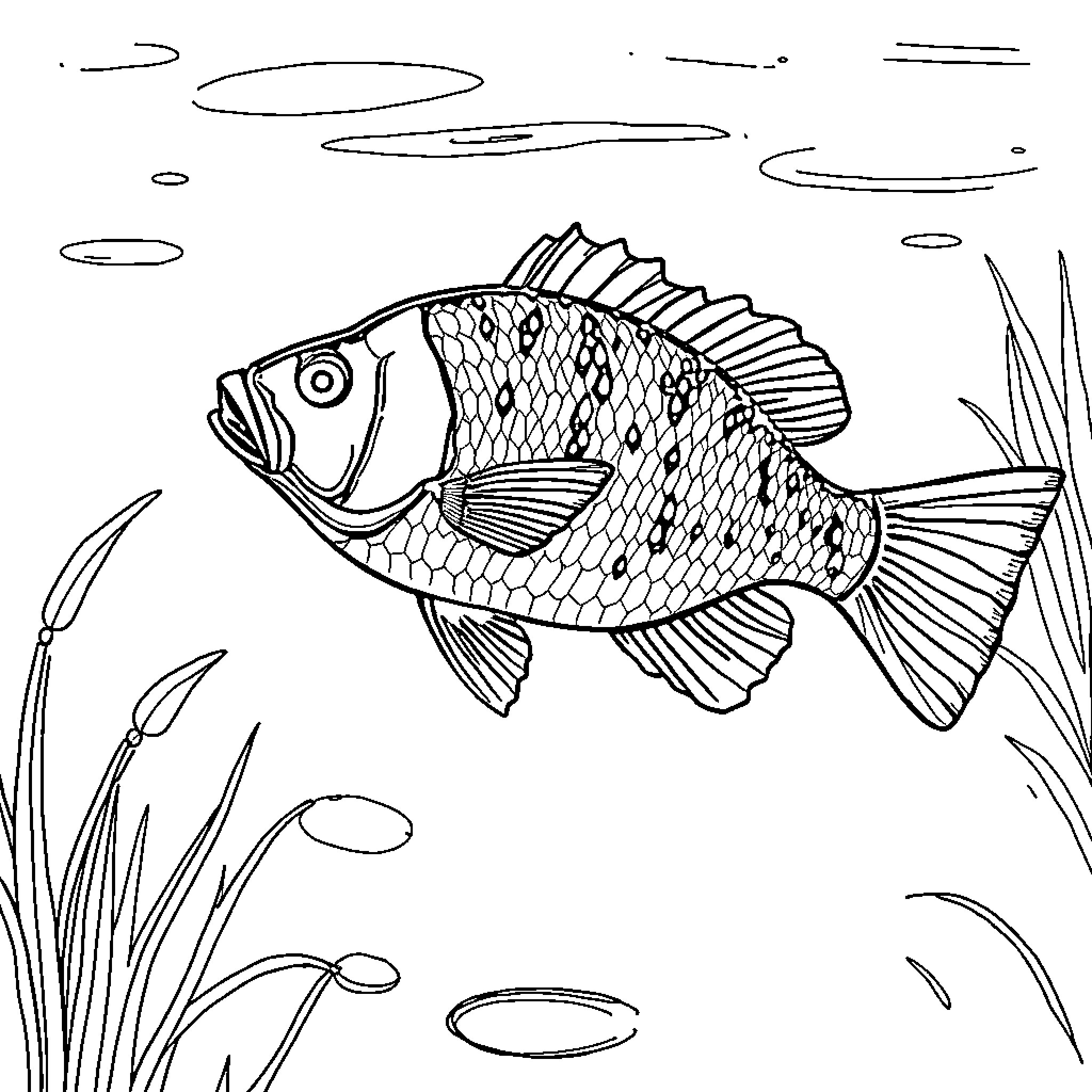 Bluegill swimming gracefully through underwater scenery Coloring Page (free black-and-white line drawing printable PDF for all, from beginners to advanced learners, including children, teens, adults, and seniors)
