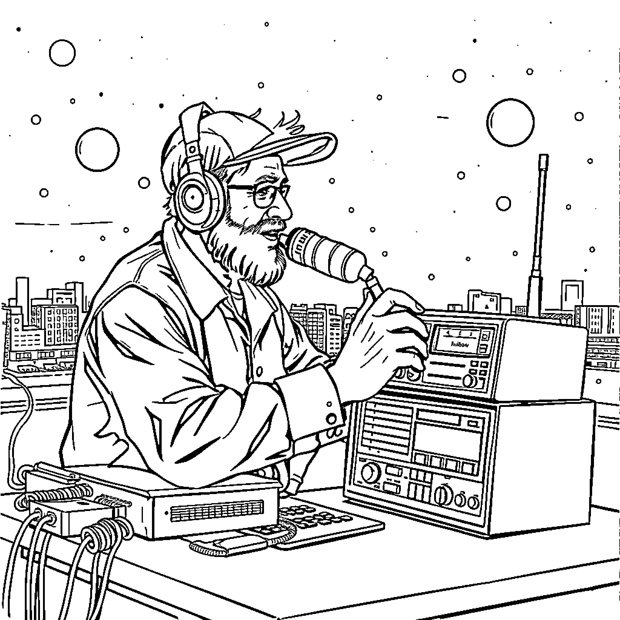 Ham Radio Operator Monitoring Signals at Night Coloring Page (free black-and-white line drawing printable PDF for all, from beginners to advanced learners, including children, teens, adults, and seniors)