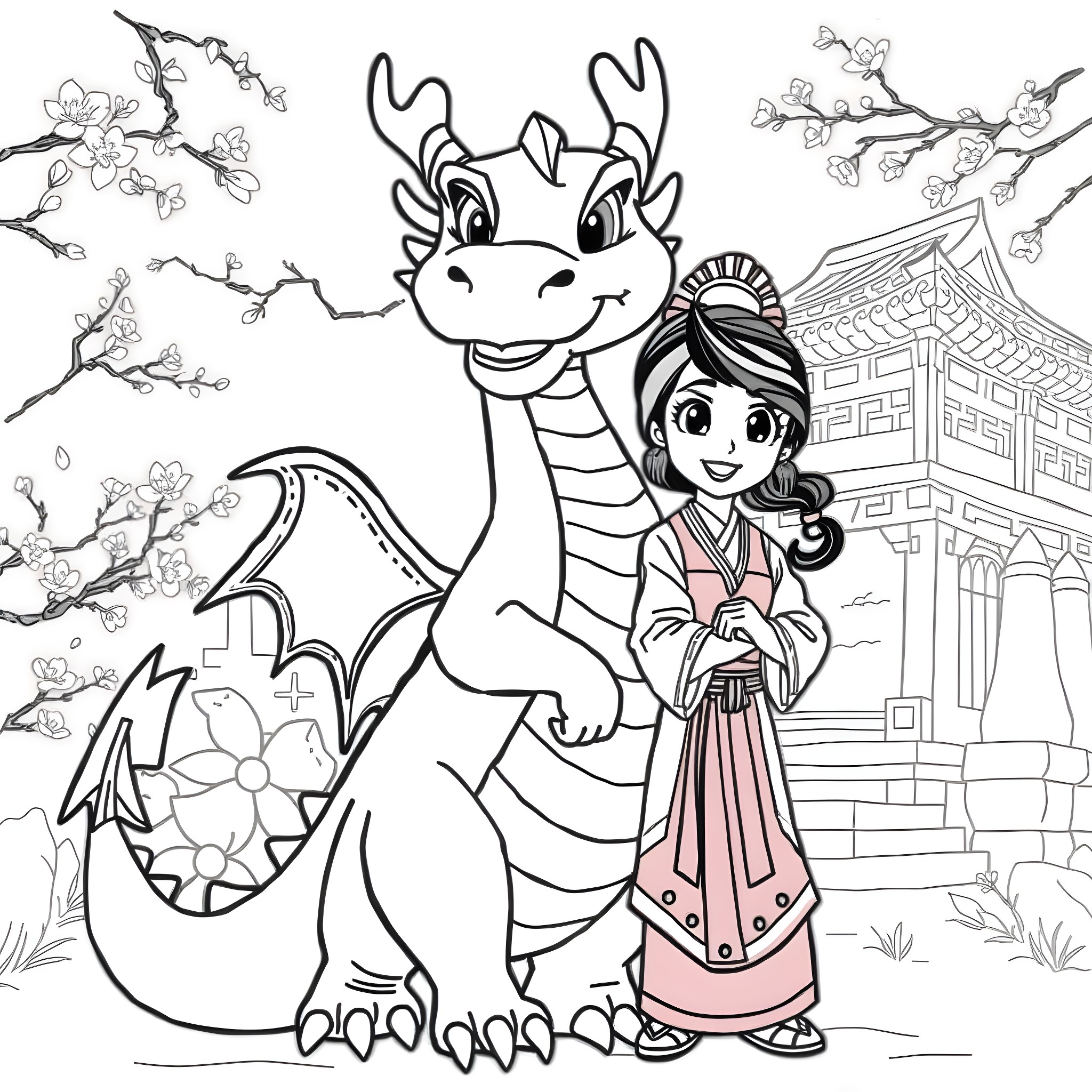 Mulan and her dragon friend explore ancient Chinese architecture Coloring Page (free black-and-white line drawing printable PDF for all, from beginners to advanced learners, including children, teens, adults, and seniors)