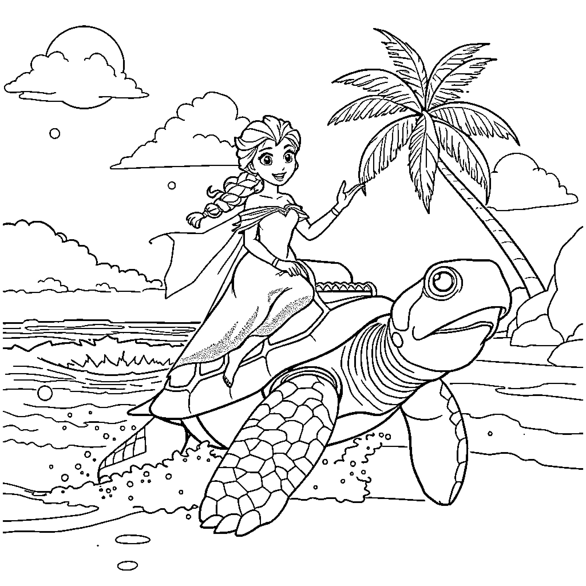 Elsa's Enchanted Seaside Adventure Coloring Page (free black-and-white line drawing printable PDF for all, from beginners to advanced learners, including children, teens, adults, and seniors)