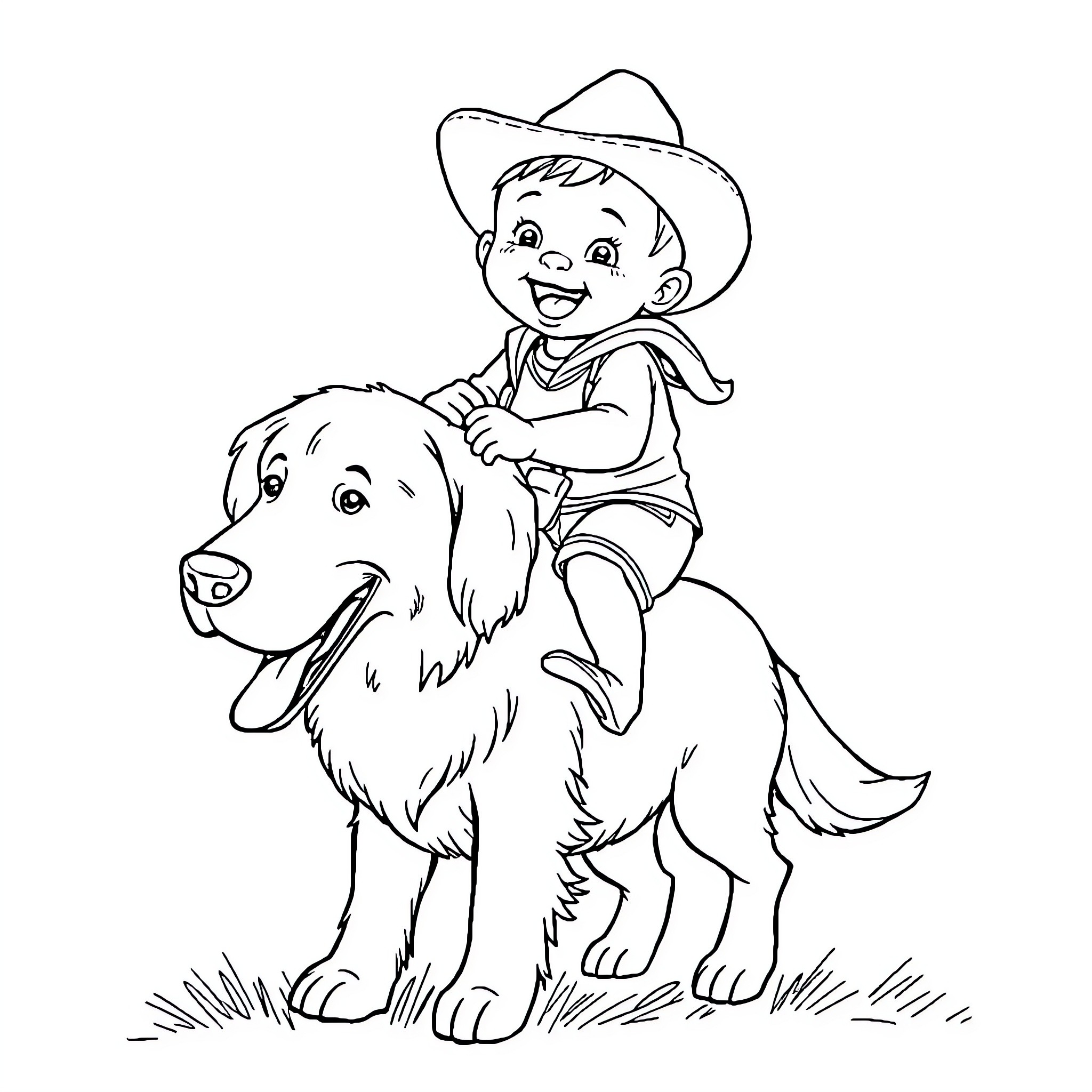 Baby cowboy riding a friendly dog Coloring Page (free black-and-white line drawing printable PDF for all, from beginners to advanced learners, including children, teens, adults, and seniors)