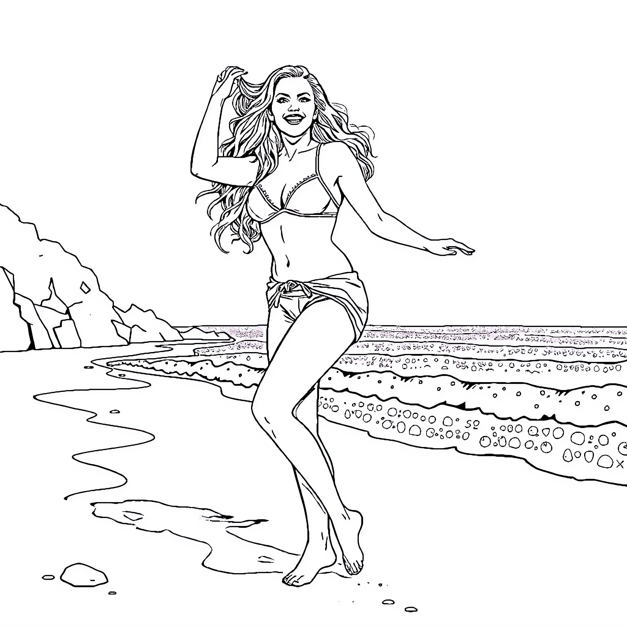 Britney Spears dancing joyfully on the beach Coloring Page (free black-and-white line drawing printable PDF for all, from beginners to advanced learners, including children, teens, adults, and seniors)