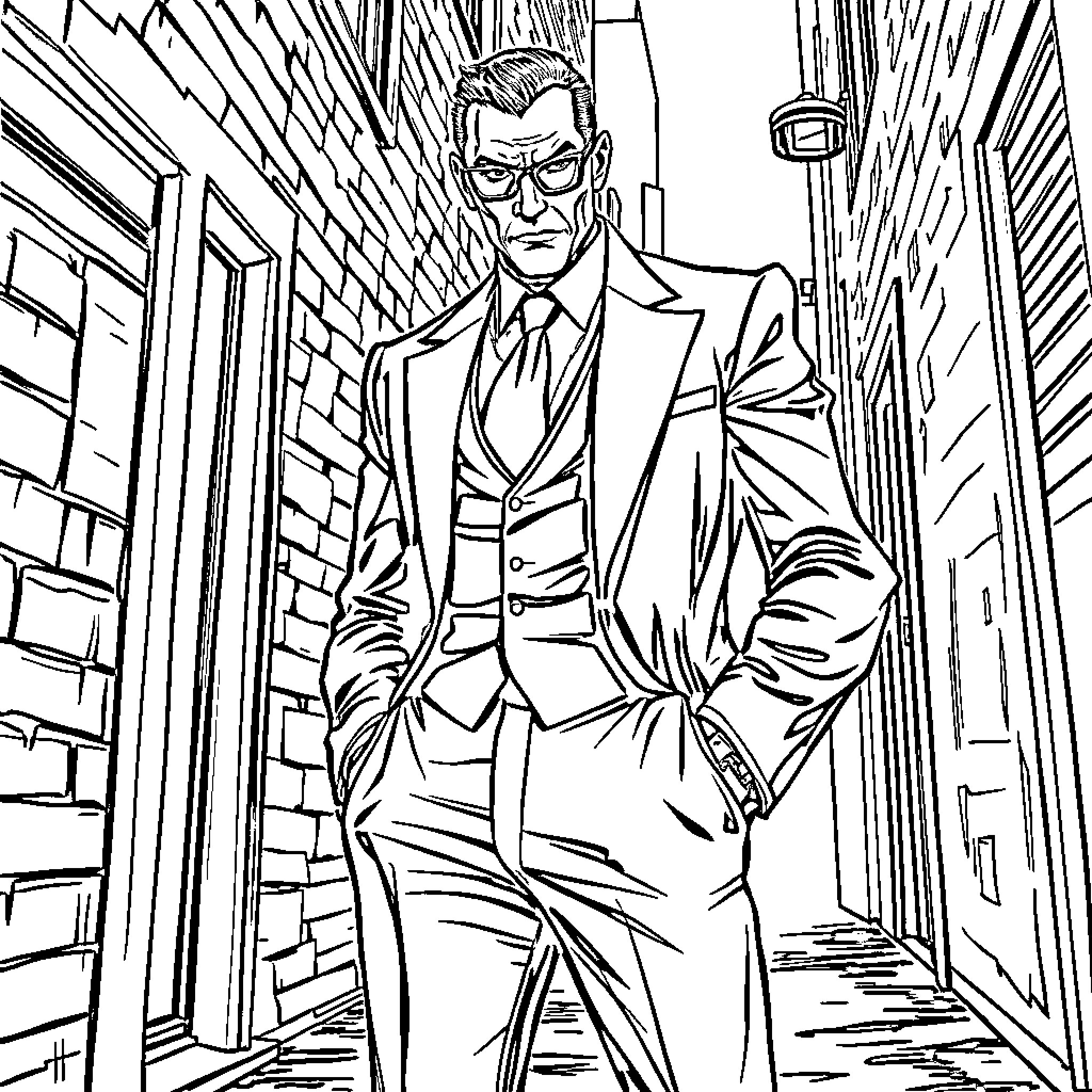 Gangster walking in dimly lit urban alley Coloring Page (free black-and-white line drawing printable PDF for all, from beginners to advanced learners, including children, teens, adults, and seniors)