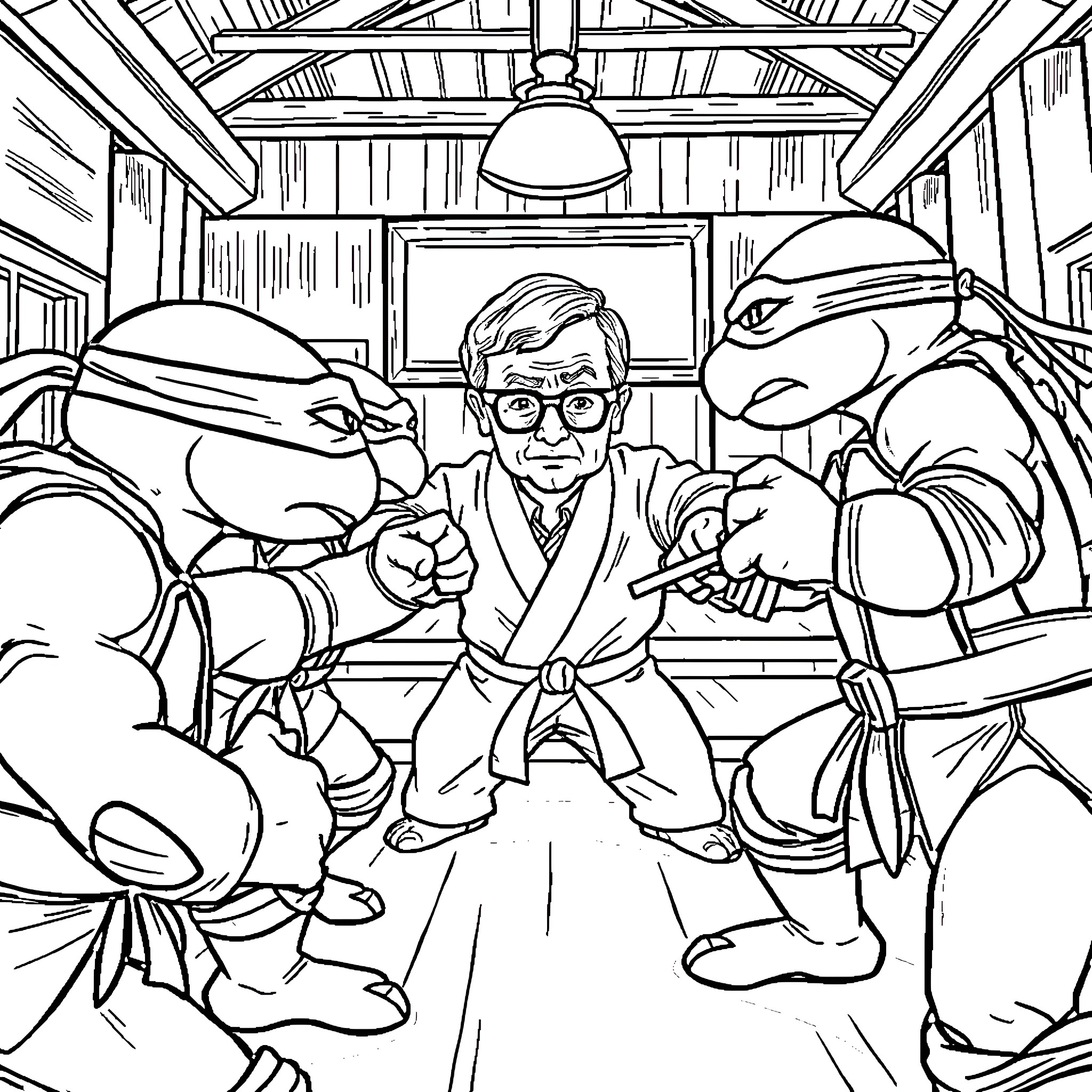 Teenage Mutant Ninja Turtles in a Training Session Coloring Page (free black-and-white line drawing printable PDF for all, from beginners to advanced learners, including children, teens, adults, and seniors)
