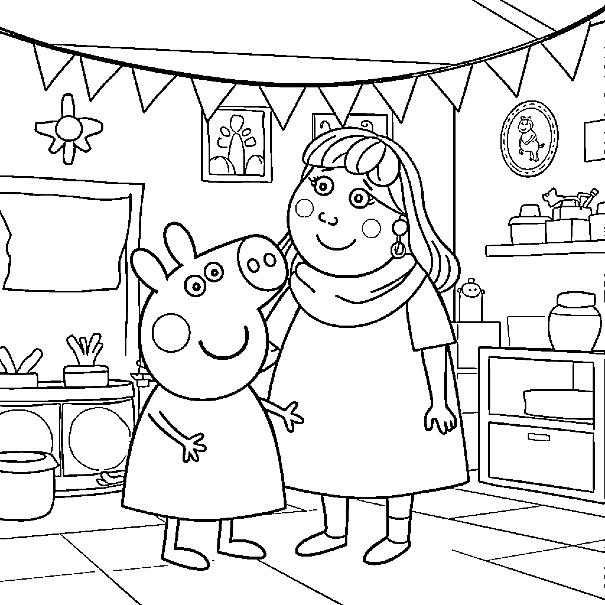 Peppa Pig and her friend having fun at home Coloring Page (free black-and-white line drawing printable PDF for all, from beginners to advanced learners, including children, teens, adults, and seniors)