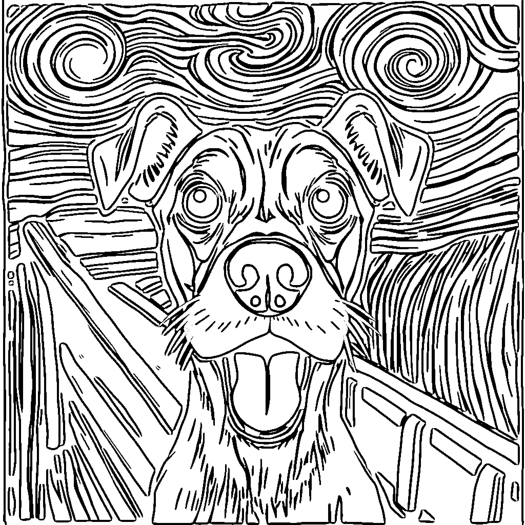 Scream of the Curious Dog Coloring Page (free black-and-white line drawing printable PDF for all, from beginners to advanced learners, including children, teens, adults, and seniors)