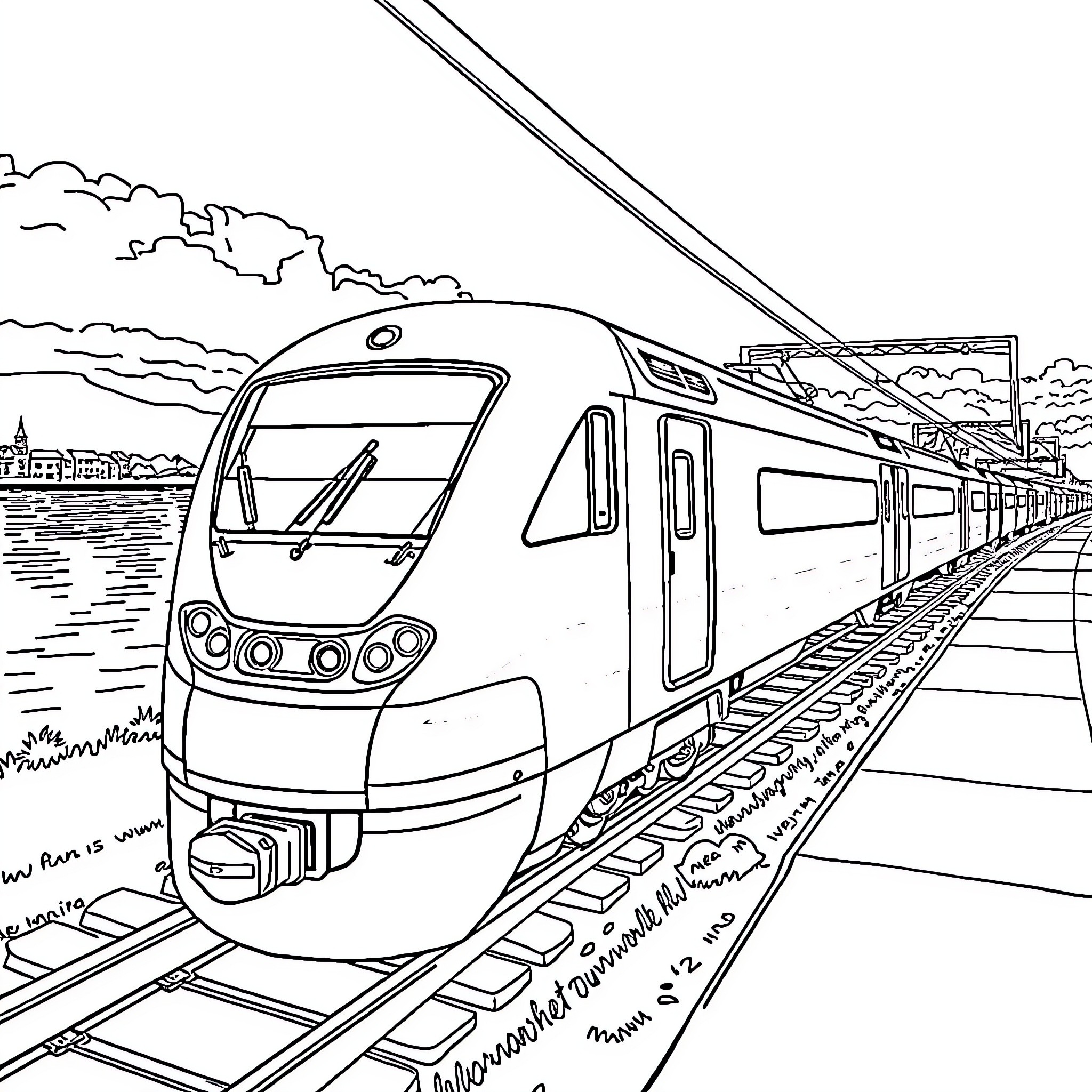 Train speeding through scenic landscape Coloring Page (free black-and-white line drawing printable PDF for all, from beginners to advanced learners, including children, teens, adults, and seniors)