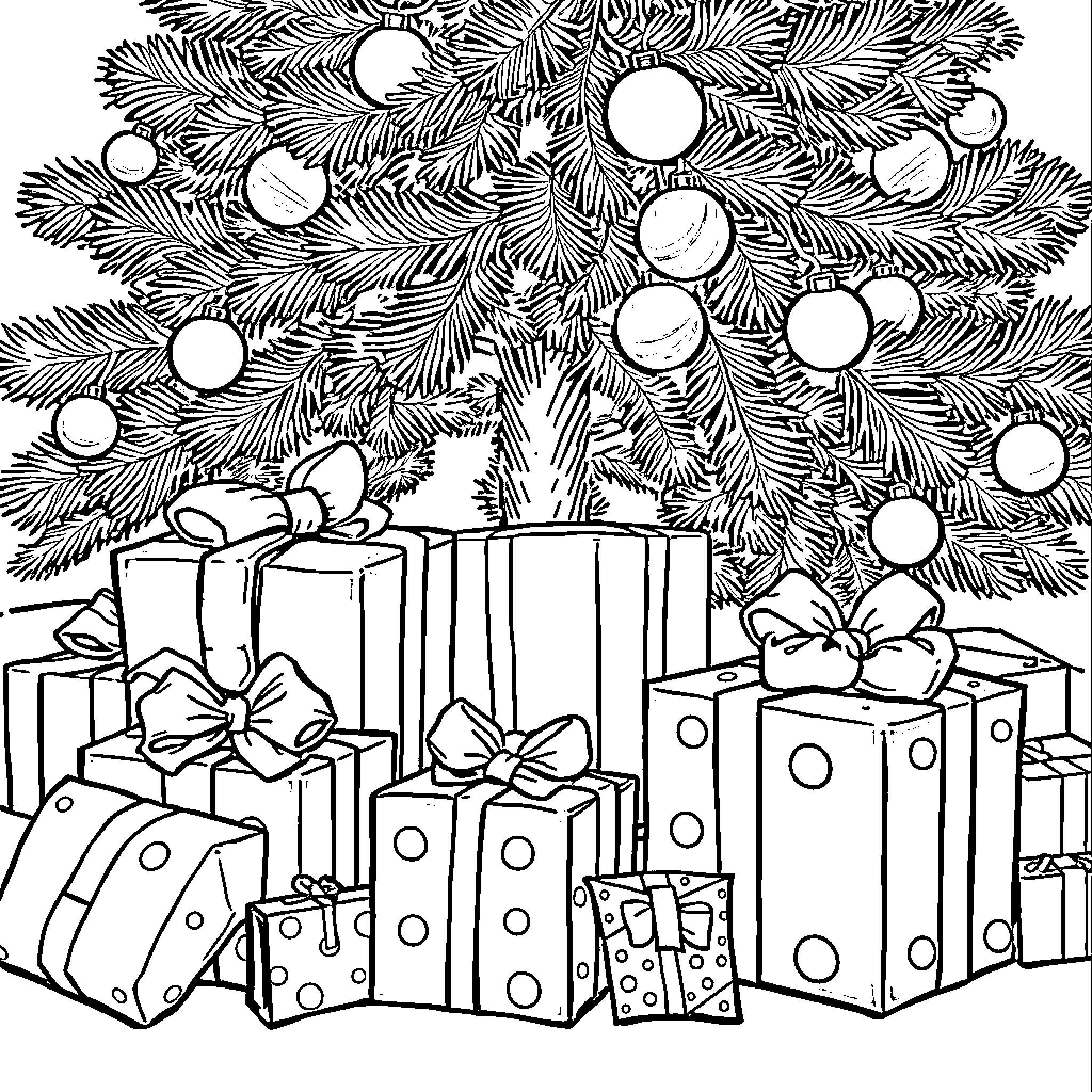 Gift-Wrapped Presents Under Decorated Christmas Tree Coloring Page (free black-and-white line drawing printable PDF for all, from beginners to advanced learners, including children, teens, adults, and seniors)