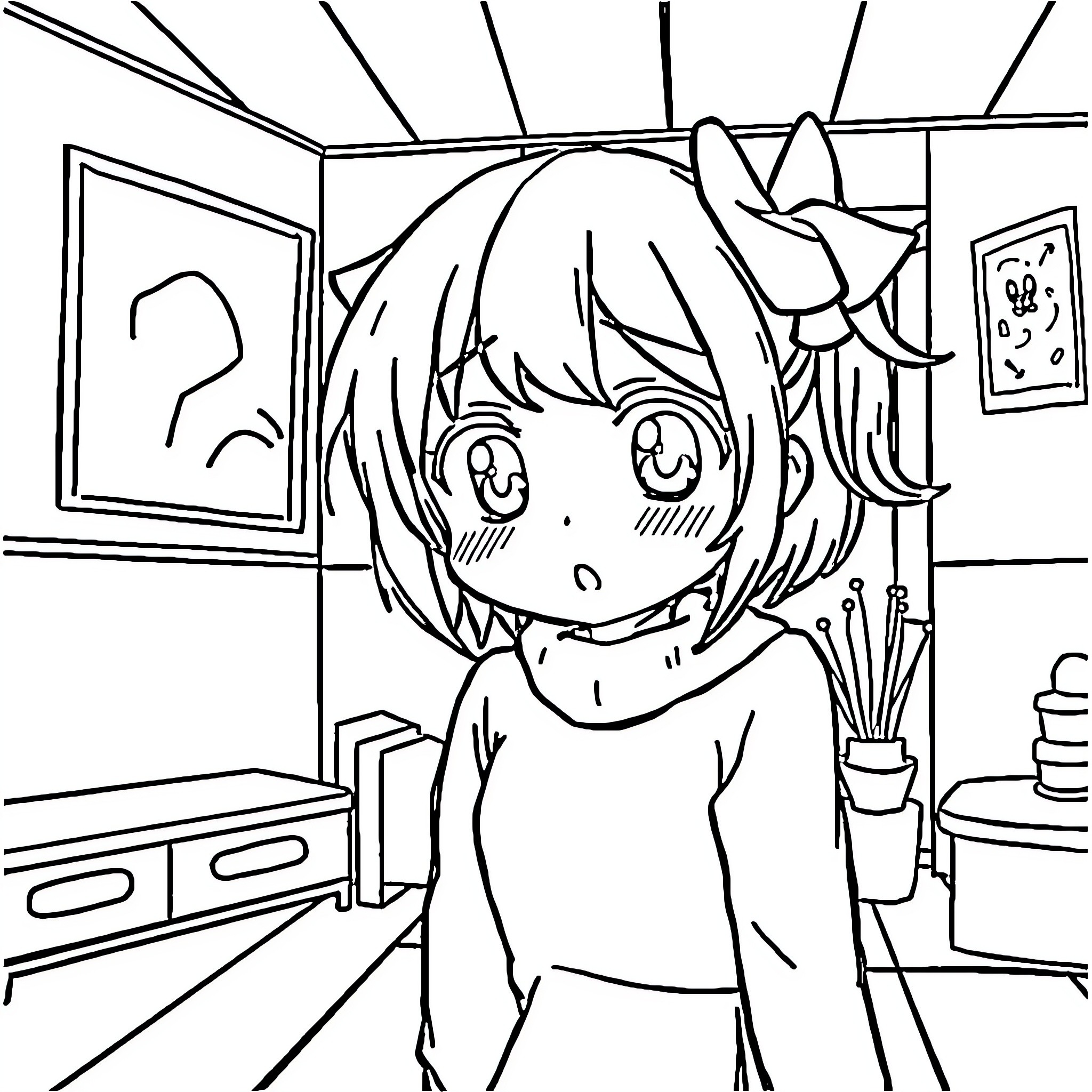 Anime Girl in a Cozy Room Coloring Page (free black-and-white line drawing printable PDF for all, from beginners to advanced learners, including children, teens, adults, and seniors)