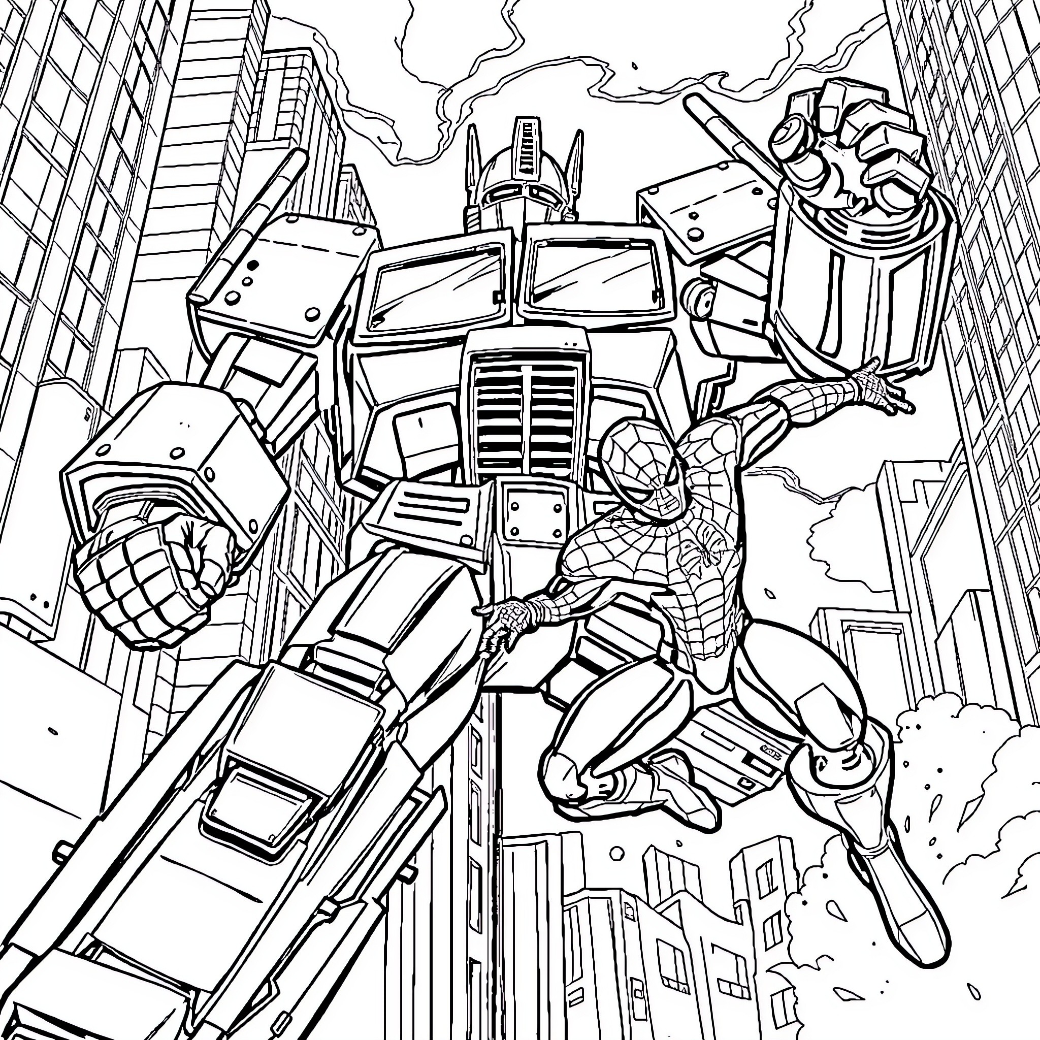 Optimus Prime clashes with Spider-Man in the city Coloring Page (free black-and-white line drawing printable PDF for all, from beginners to advanced learners, including children, teens, adults, and seniors)