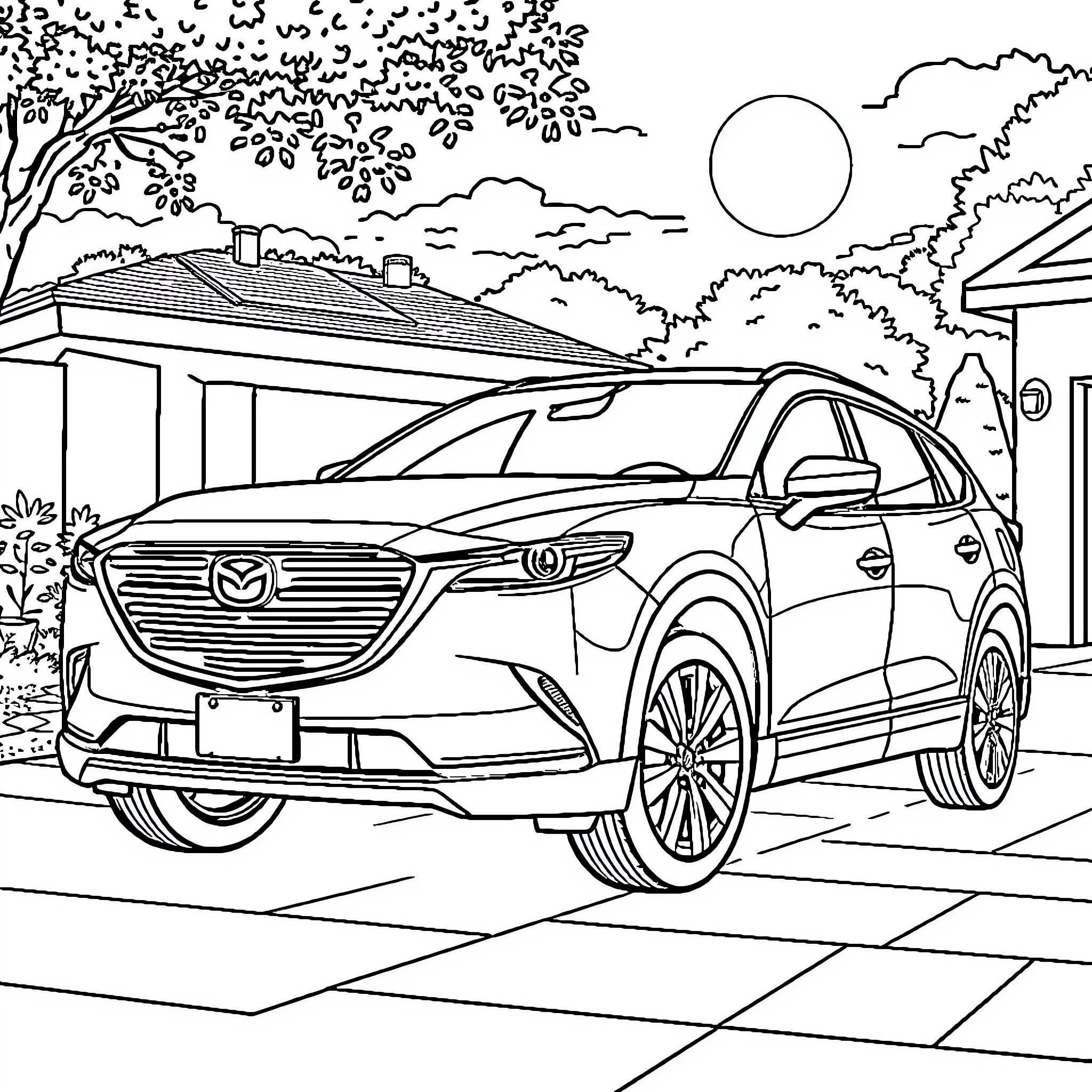 Mazda CX-9 parked in scenic outdoor setting Coloring Page (free black-and-white line drawing printable PDF for all, from beginners to advanced learners, including children, teens, adults, and seniors)