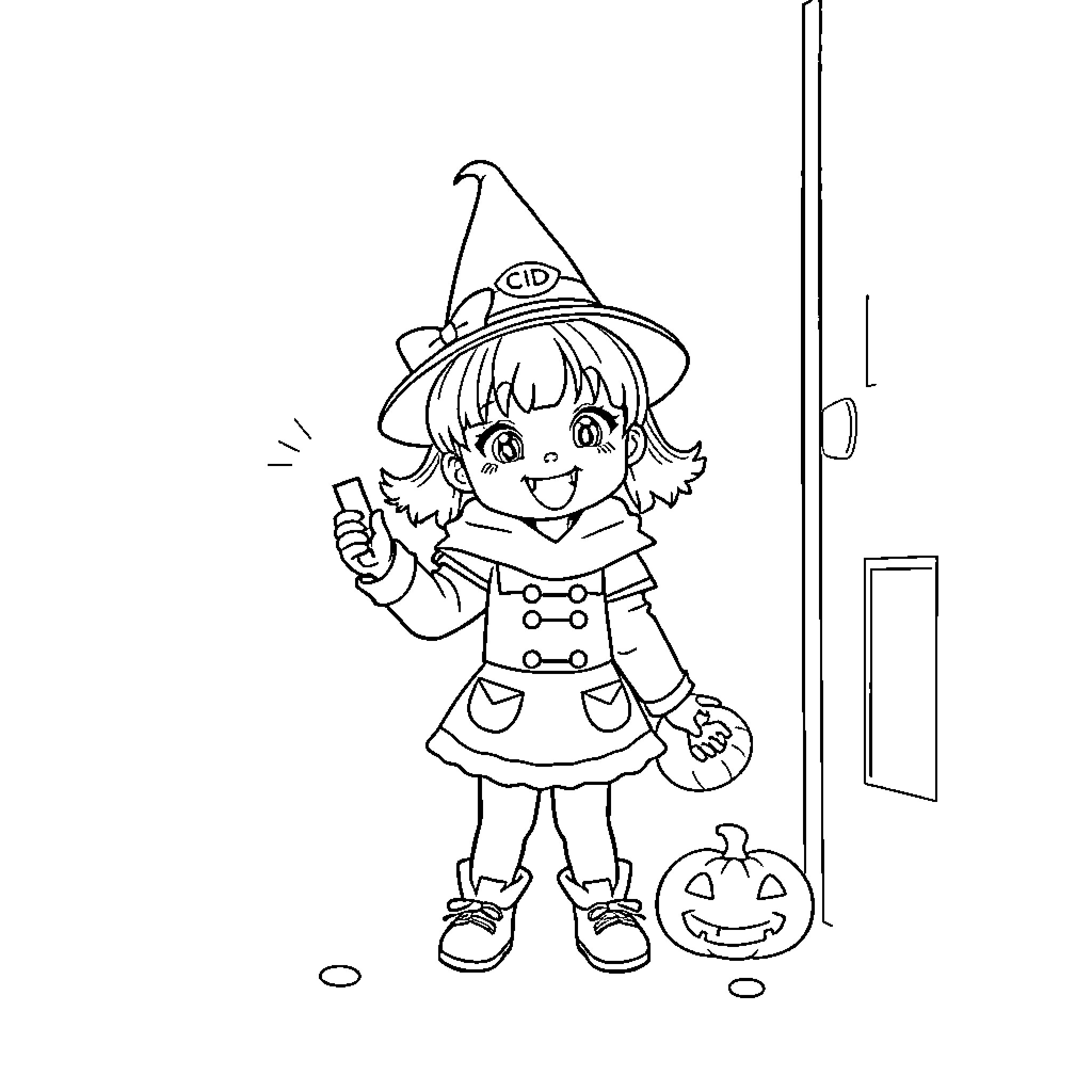 Girl in Witch Costume Holding Wand and Pumpkin Coloring Page (free black-and-white line drawing printable PDF for all, from beginners to advanced learners, including children, teens, adults, and seniors)