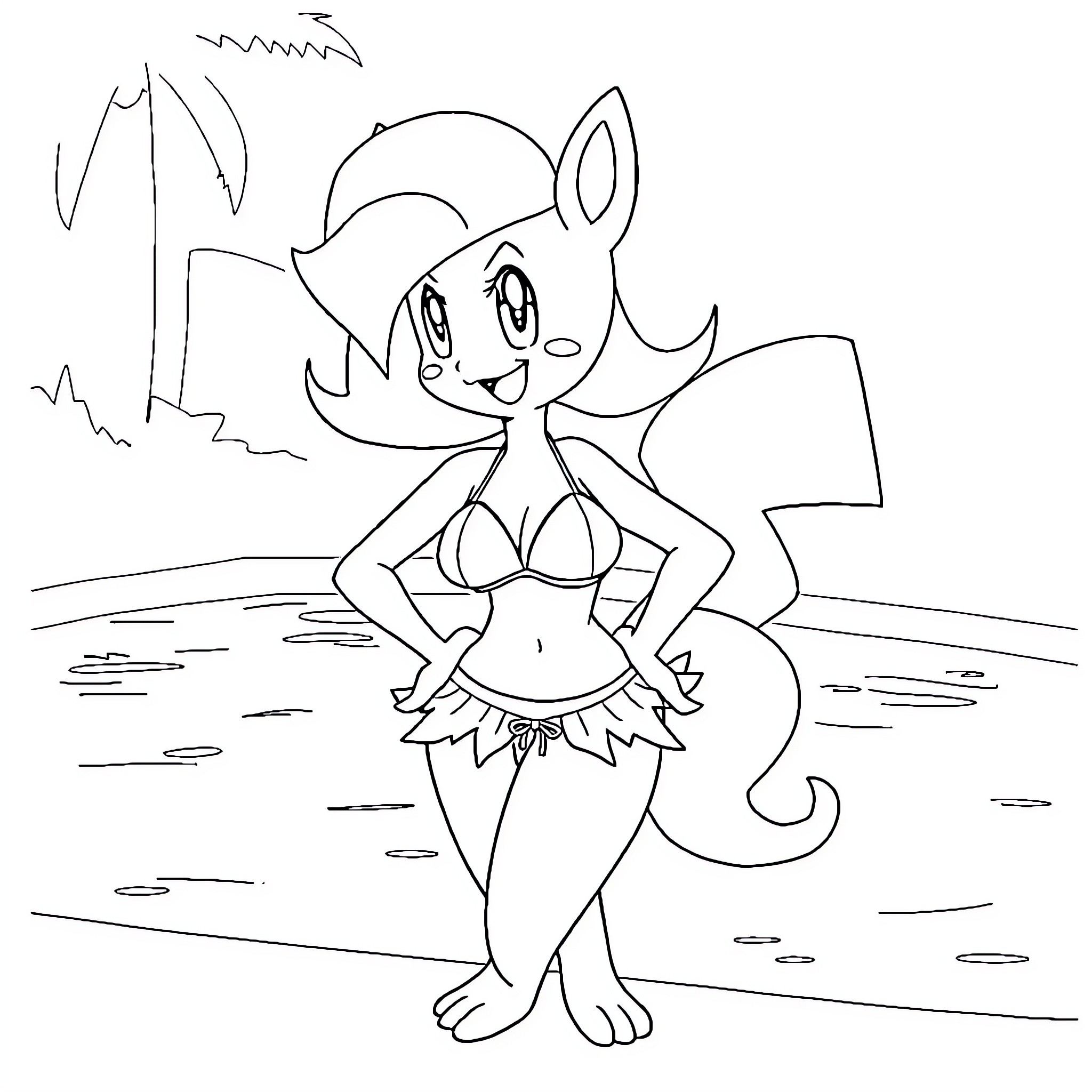 Misty Anime Character in Scenic Landscape Coloring Page (free black-and-white line drawing printable PDF for all, from beginners to advanced learners, including children, teens, adults, and seniors)