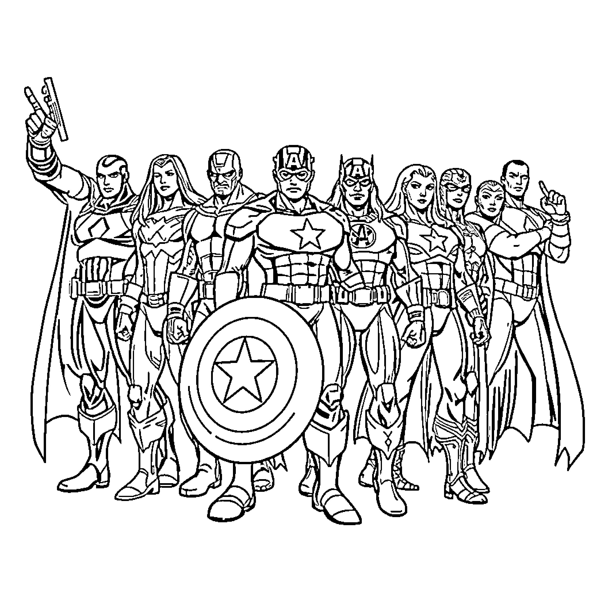 Avengers assembling in heroic poses Coloring Page (free black-and-white line drawing printable PDF for all, from beginners to advanced learners, including children, teens, adults, and seniors)