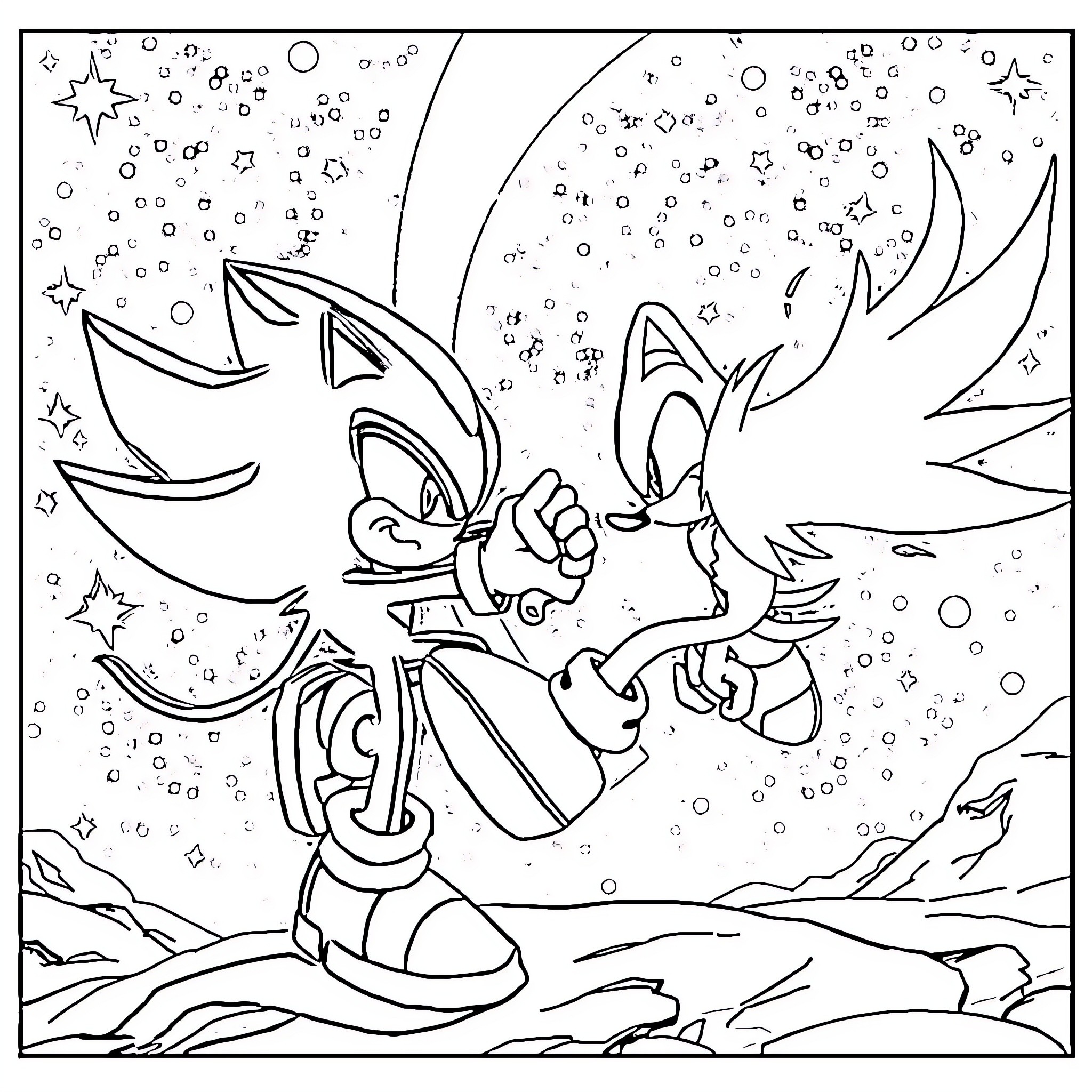 Shadow Hedgehogs in Cosmic Scene Coloring Page (free black-and-white line drawing printable PDF for all, from beginners to advanced learners, including children, teens, adults, and seniors)