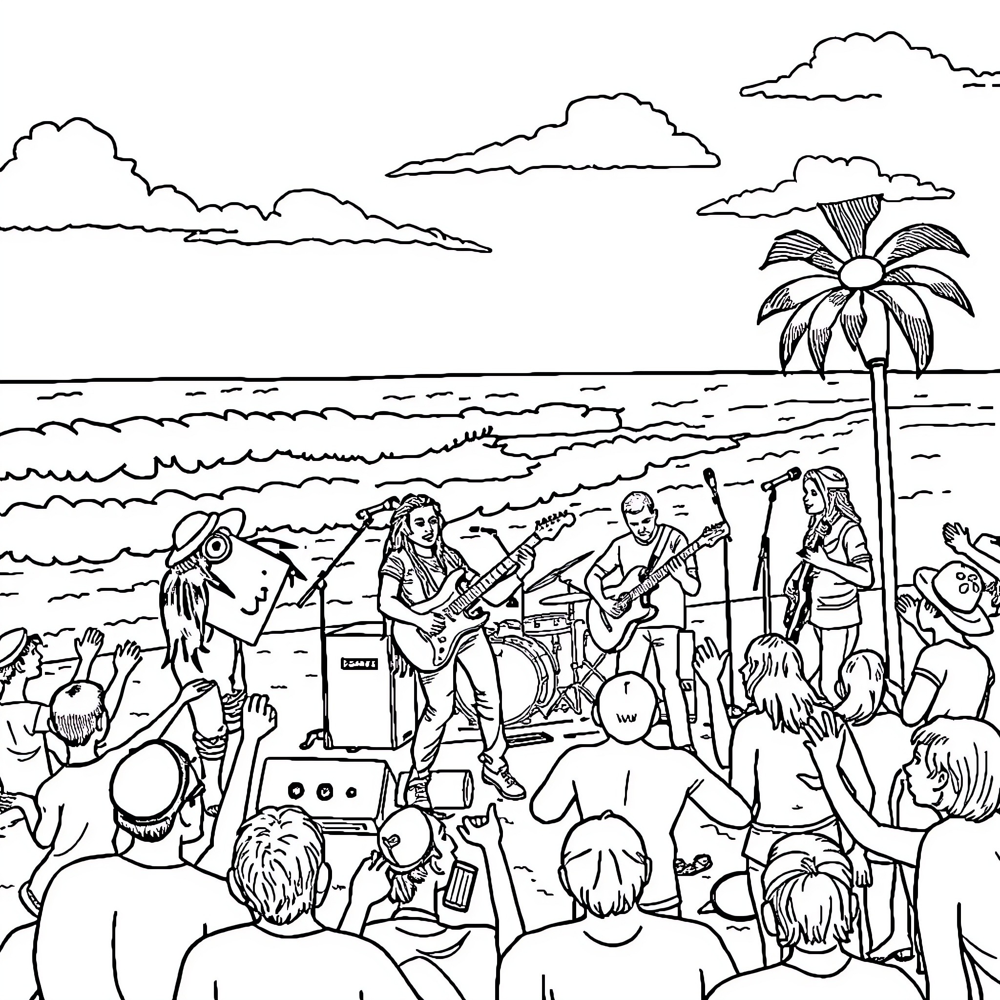 OnePeople enjoying music and dance by the sea Coloring Page (free black-and-white line drawing printable PDF for all, from beginners to advanced learners, including children, teens, adults, and seniors)