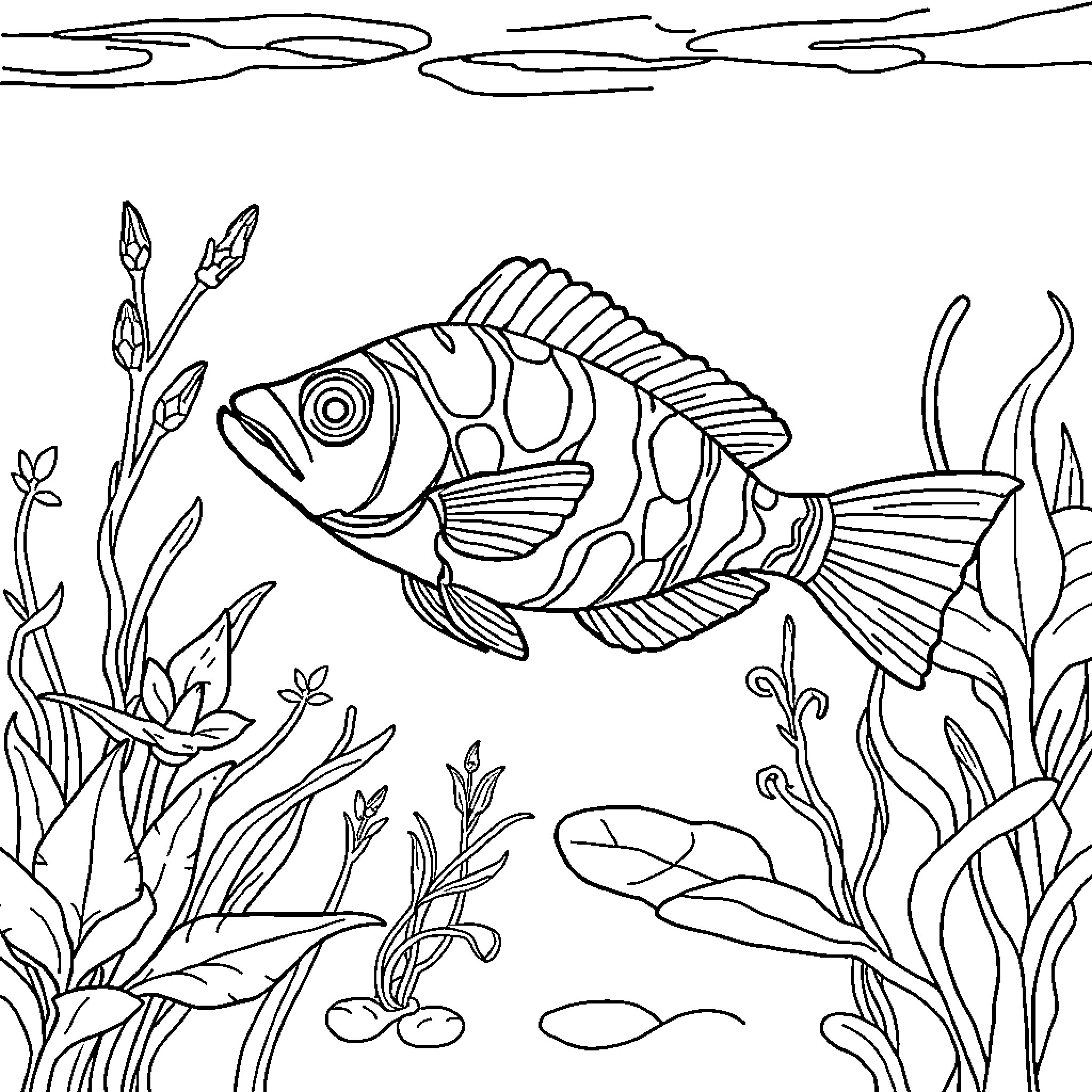 Axolotl swimming among underwater plants Coloring Page (free black-and-white line drawing printable PDF for all, from beginners to advanced learners, including children, teens, adults, and seniors)