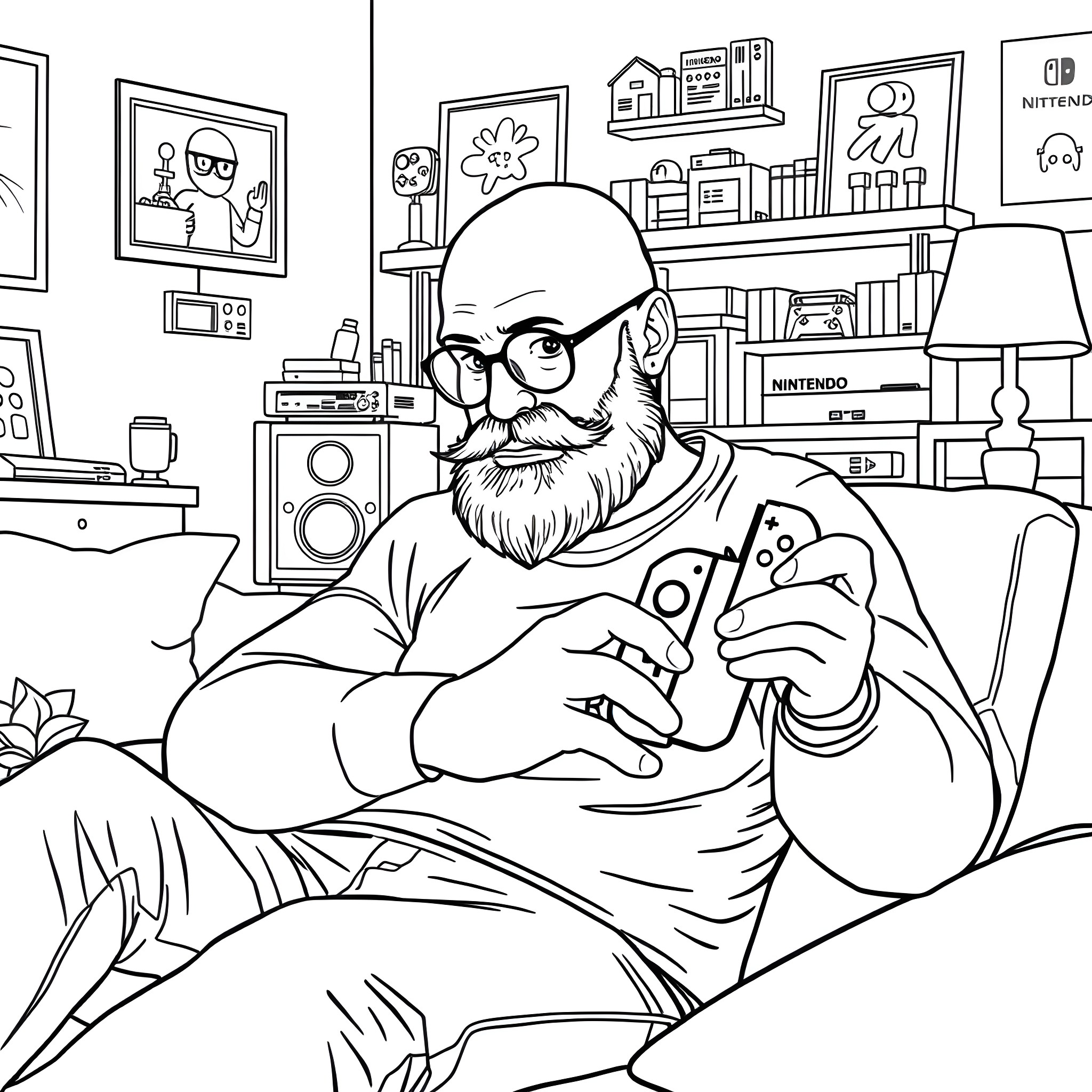 Man playing video game in his home office Coloring Page (free black-and-white line drawing printable PDF for all, from beginners to advanced learners, including children, teens, adults, and seniors)