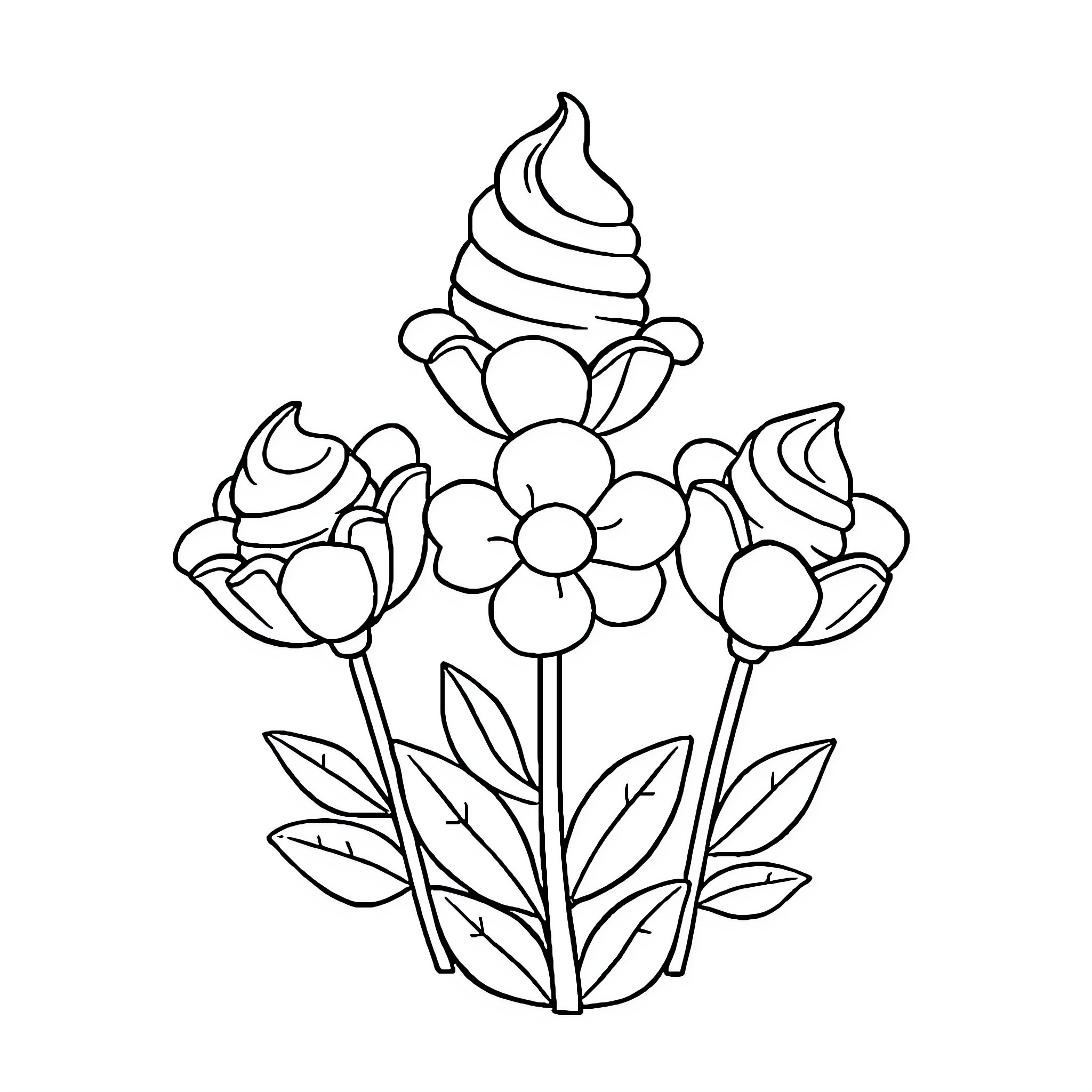 Ice Cream Floral Bouquet with Flowers Coloring Page (free black-and-white line drawing printable PDF for all, from beginners to advanced learners, including children, teens, adults, and seniors)