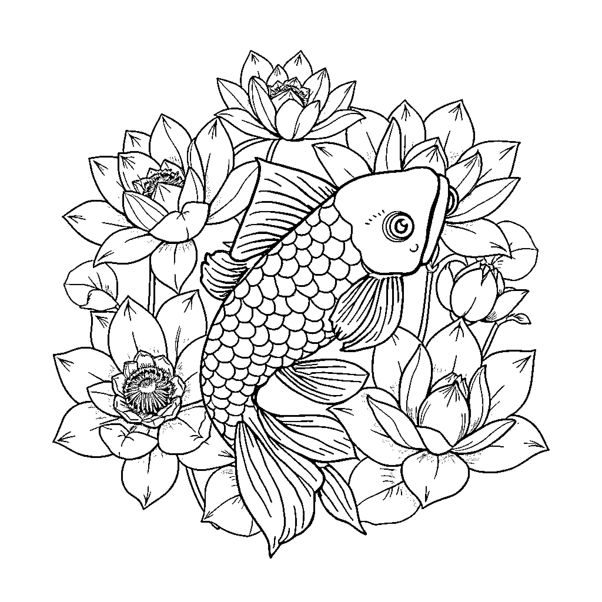 Koi swimming among vibrant lotus blossoms Coloring Page (free black-and-white line drawing printable PDF for all, from beginners to advanced learners, including children, teens, adults, and seniors)