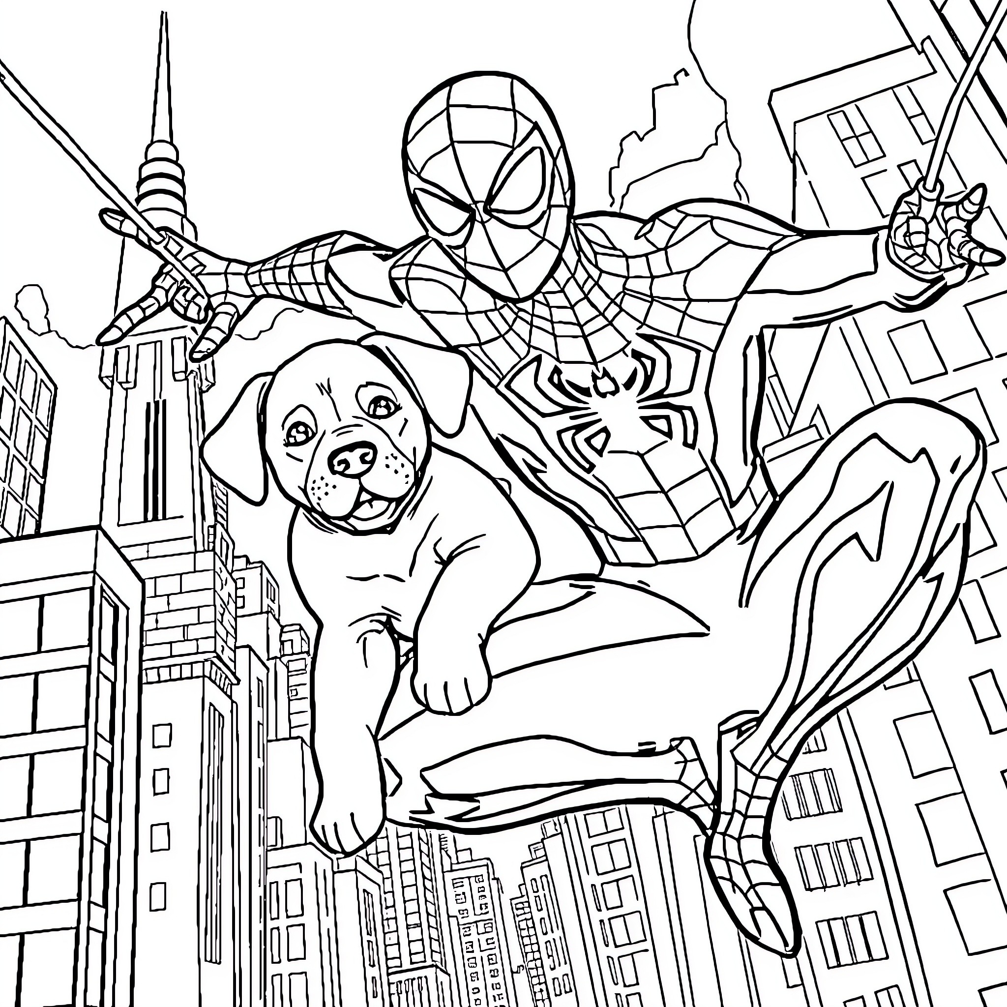 Spiderman swinging through the city with a dog Coloring Page (free black-and-white line drawing printable PDF for all, from beginners to advanced learners, including children, teens, adults, and seniors)