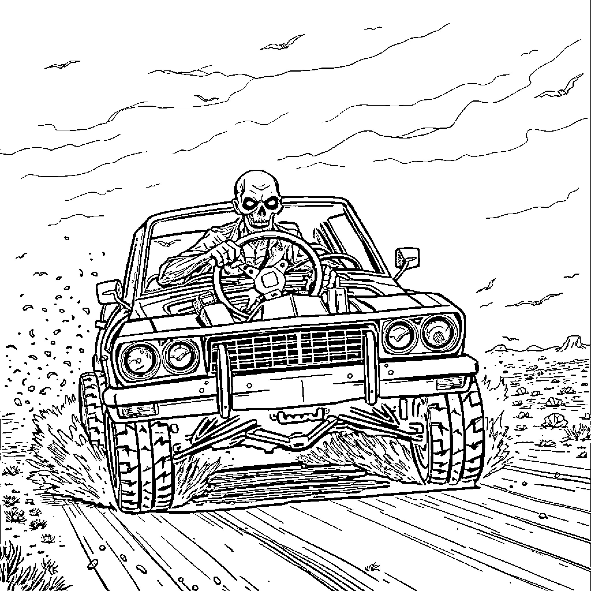 Zombie Driving Rugged Pickup Truck on Rough Terrain Coloring Page (free black-and-white line drawing printable PDF for all, from beginners to advanced learners, including children, teens, adults, and seniors)