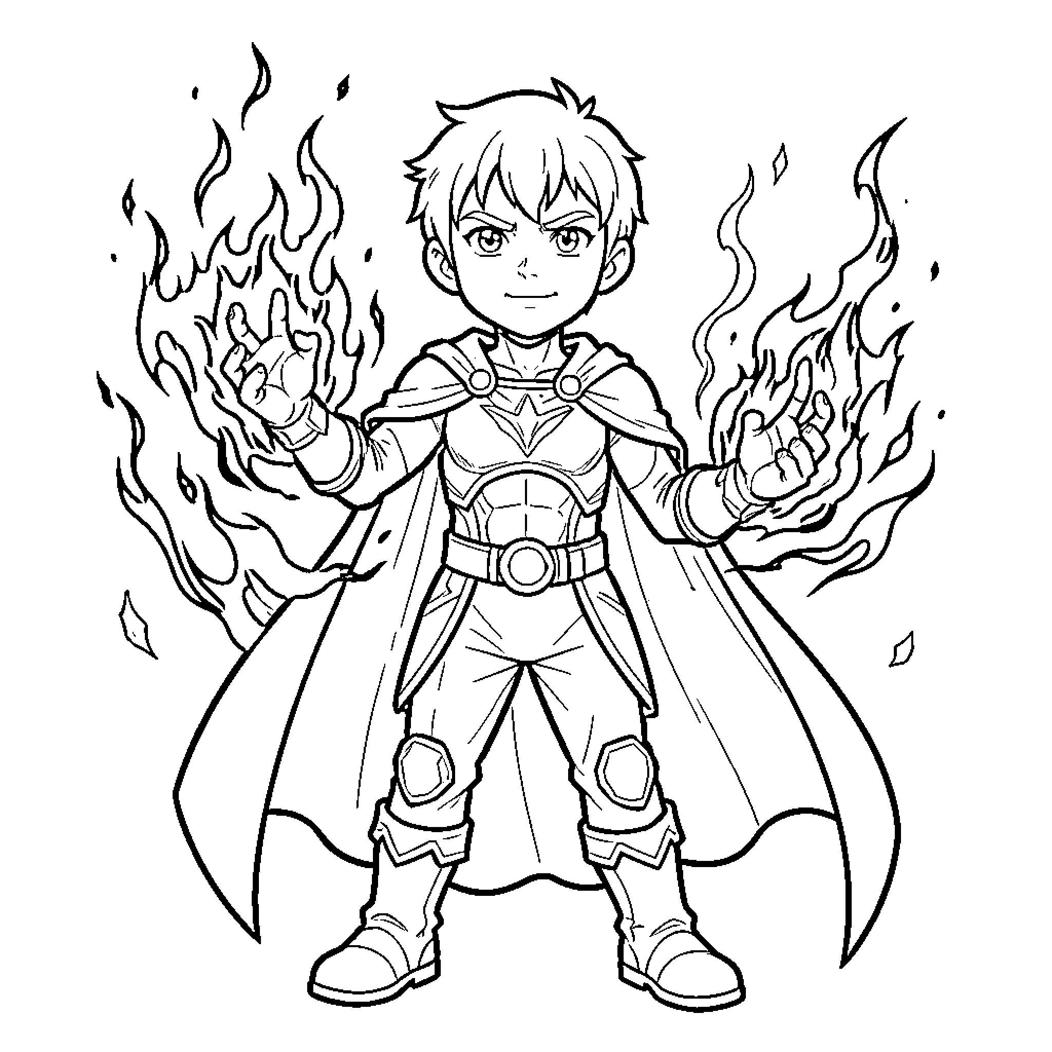 Hero controlling intense flames with a determined expression Coloring Page (free black-and-white line drawing printable PDF for all, from beginners to advanced learners, including children, teens, adults, and seniors)
