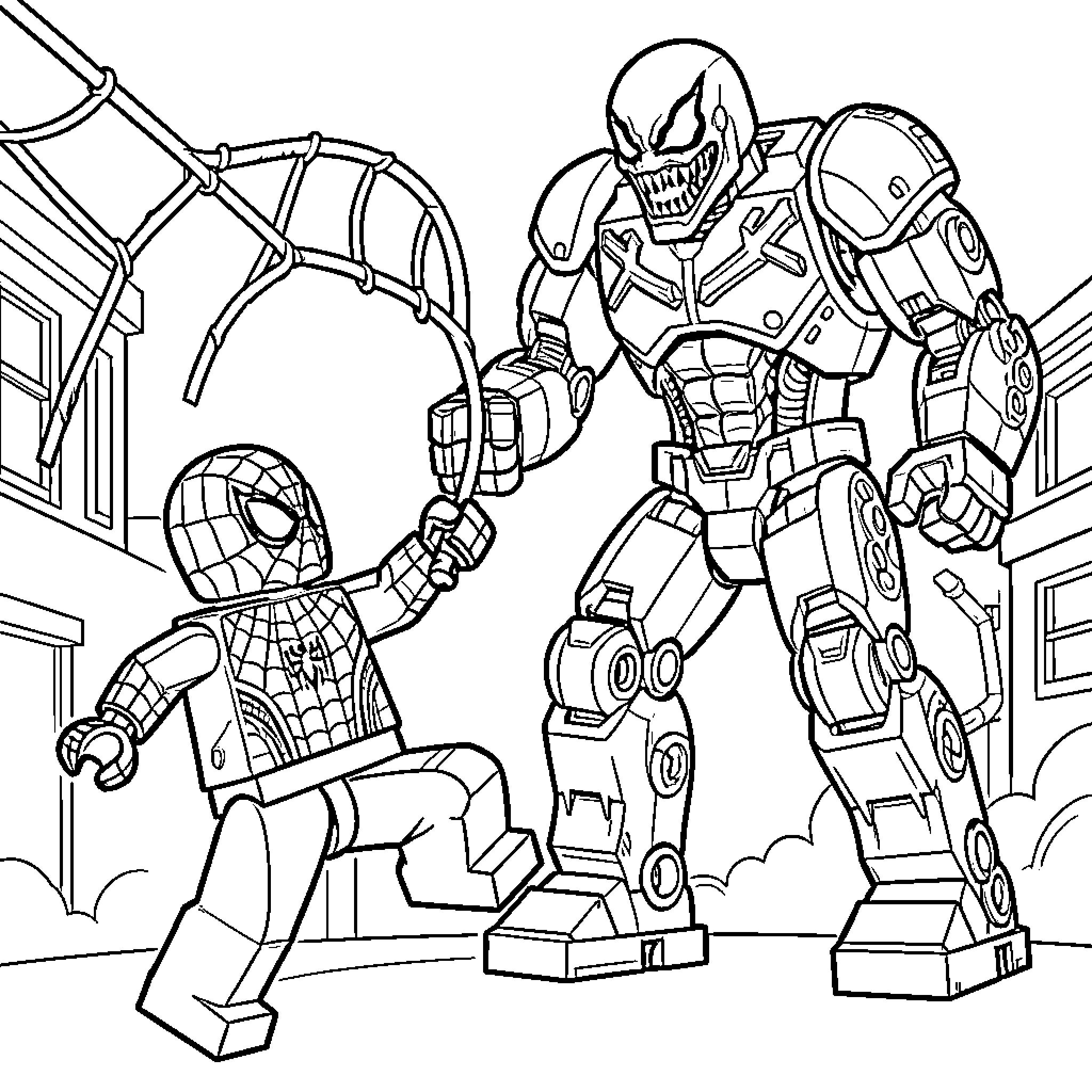 Spider-Man battles a powerful robotic foe Coloring Page (free black-and-white line drawing printable PDF for all, from beginners to advanced learners, including children, teens, adults, and seniors)