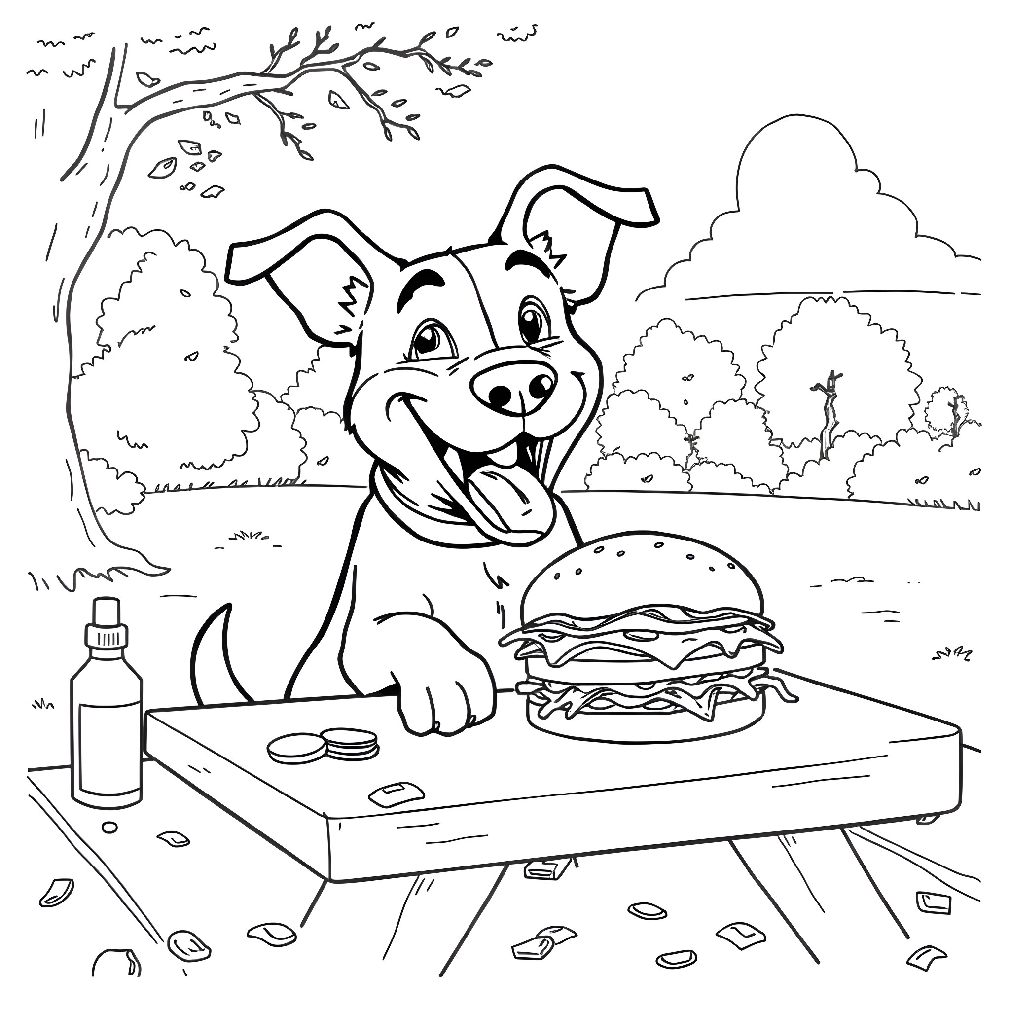 Dog Enjoying a Tasty Burger in the Park Coloring Page (free black-and-white line drawing printable PDF for all, from beginners to advanced learners, including children, teens, adults, and seniors)
