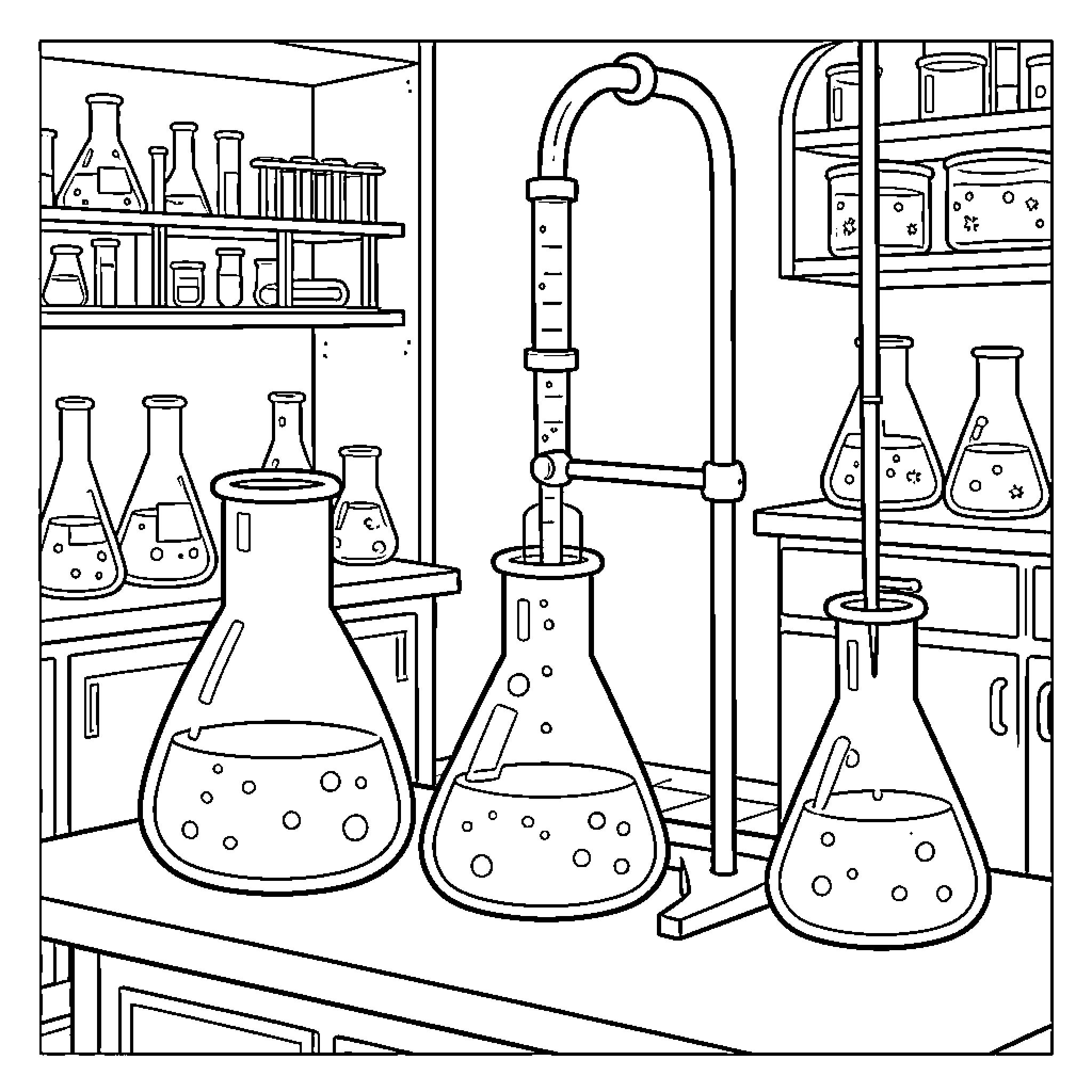 Titration of Scientific Experiments in Lab Coloring Page (free black-and-white line drawing printable PDF for all, from beginners to advanced learners, including children, teens, adults, and seniors)