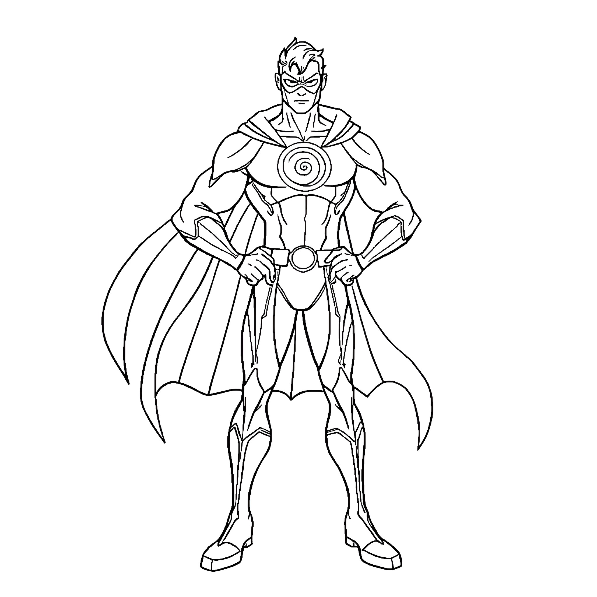 Superhero in Heroic Pose with Costume Coloring Page (free black-and-white line drawing printable PDF for all, from beginners to advanced learners, including children, teens, adults, and seniors)