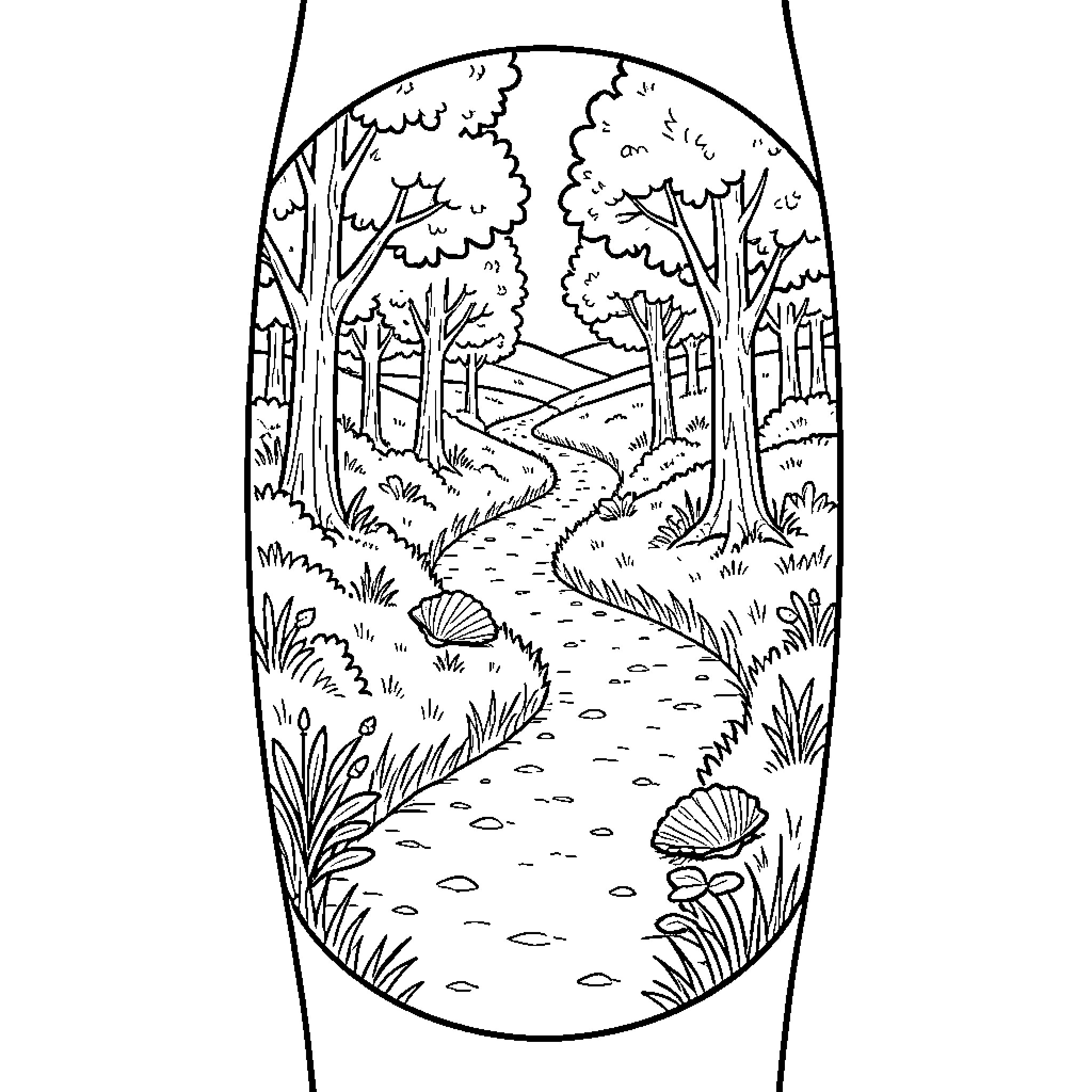 Camino de Santiago: Peaceful Woodland Path Coloring Page (free black-and-white line drawing printable PDF for all, from beginners to advanced learners, including children, teens, adults, and seniors)