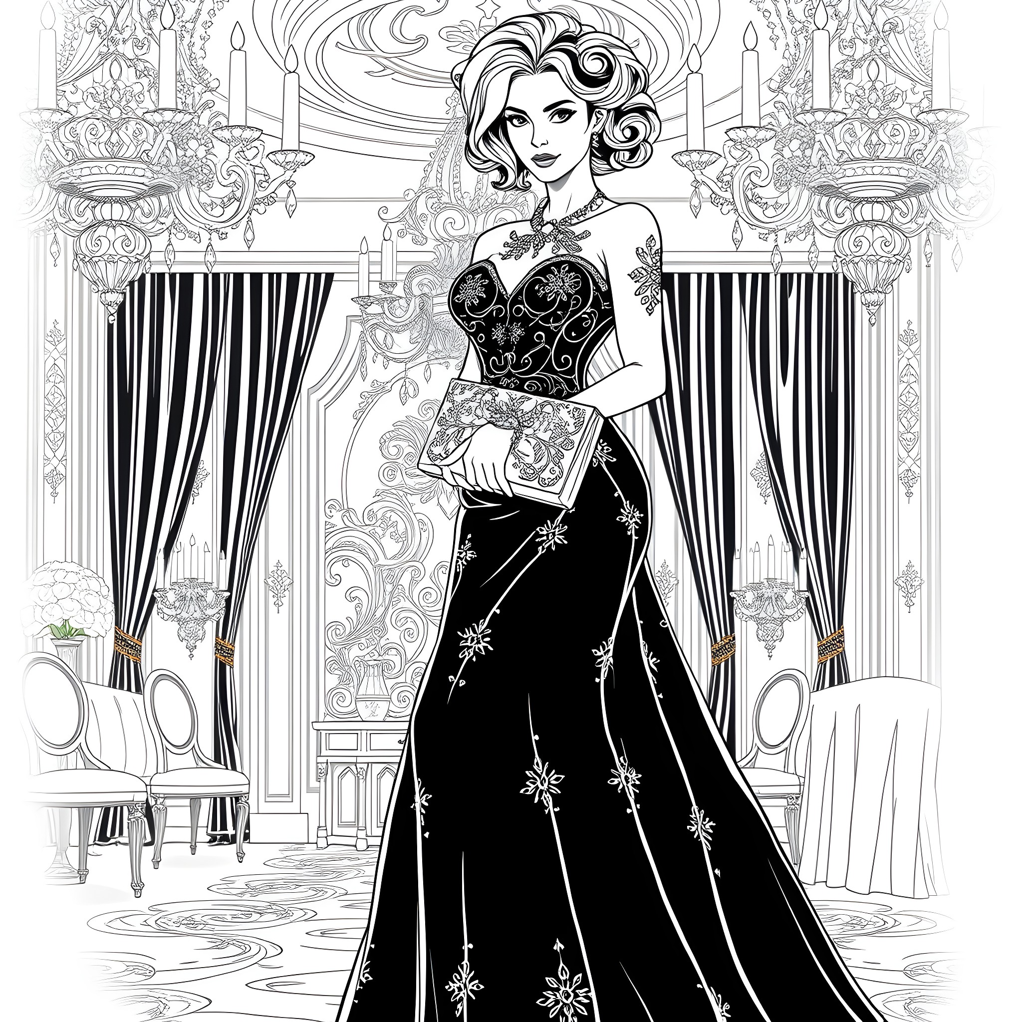 Carmela's Enchanting Evening in a Lavish Ballroom Coloring Page (free black-and-white line drawing printable PDF for all, from beginners to advanced learners, including children, teens, adults, and seniors)