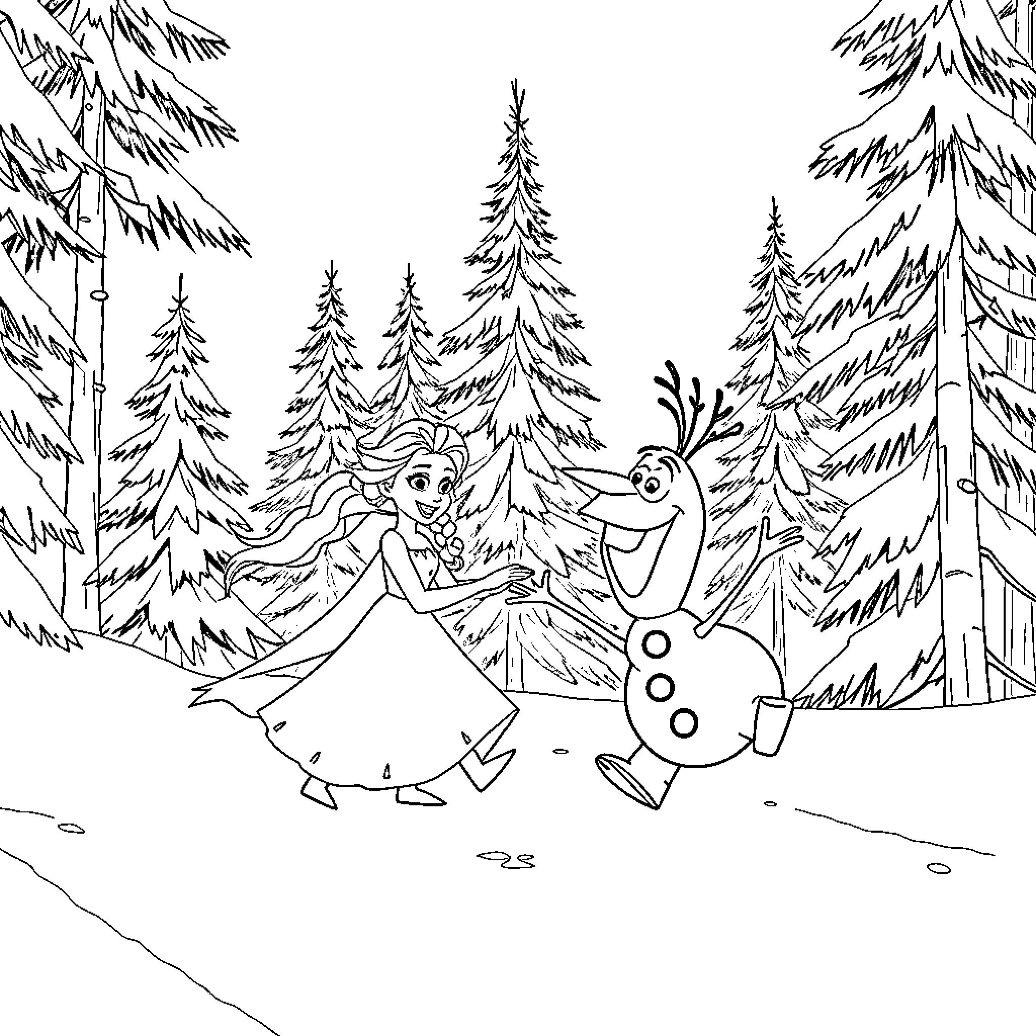 Elsa and Olaf enjoy a snowy adventure in the forest Coloring Page (free black-and-white line drawing printable PDF for all, from beginners to advanced learners, including children, teens, adults, and seniors)