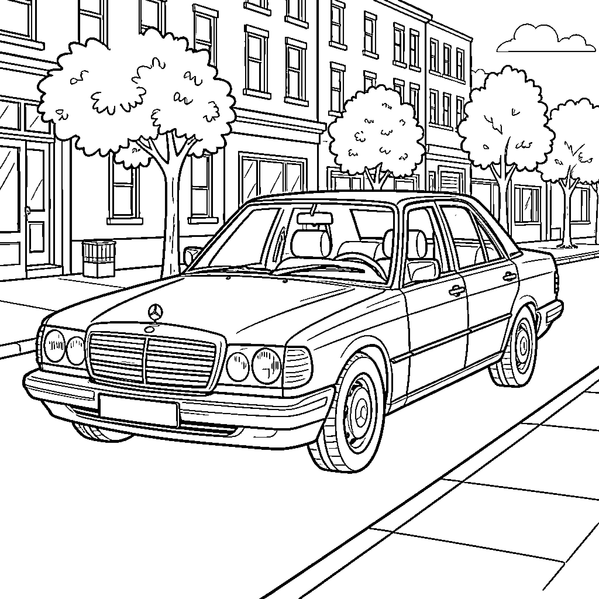 MB 180 parked on a city street sidewalk Coloring Page (free black-and-white line drawing printable PDF for all, from beginners to advanced learners, including children, teens, adults, and seniors)