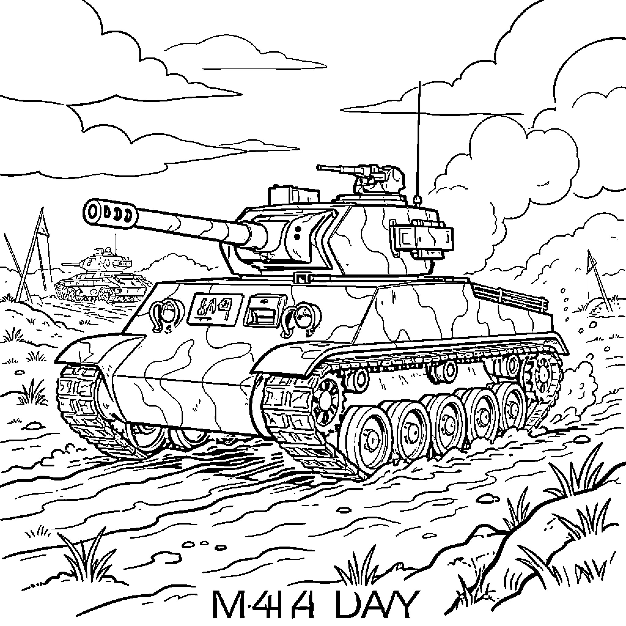 M4A2 Sherman tank in action during battle scene Coloring Page (free black-and-white line drawing printable PDF for all, from beginners to advanced learners, including children, teens, adults, and seniors)