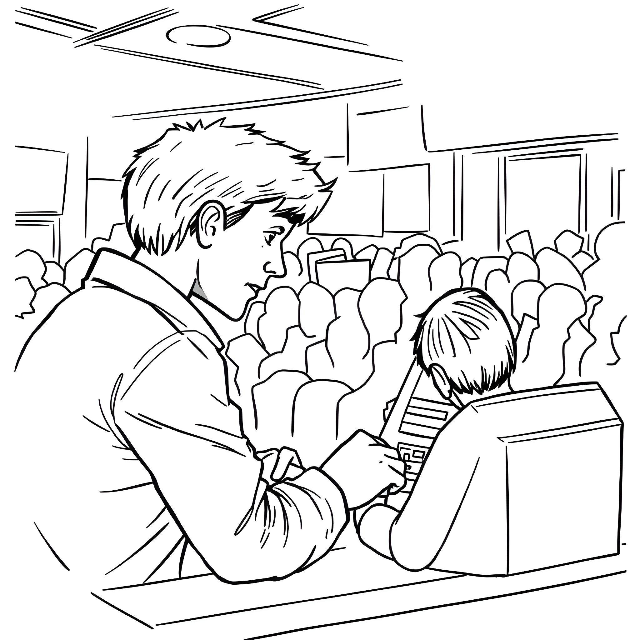 Cheater Caught Copying Answers from Classmate Coloring Page (free black-and-white line drawing printable PDF for all, from beginners to advanced learners, including children, teens, adults, and seniors)