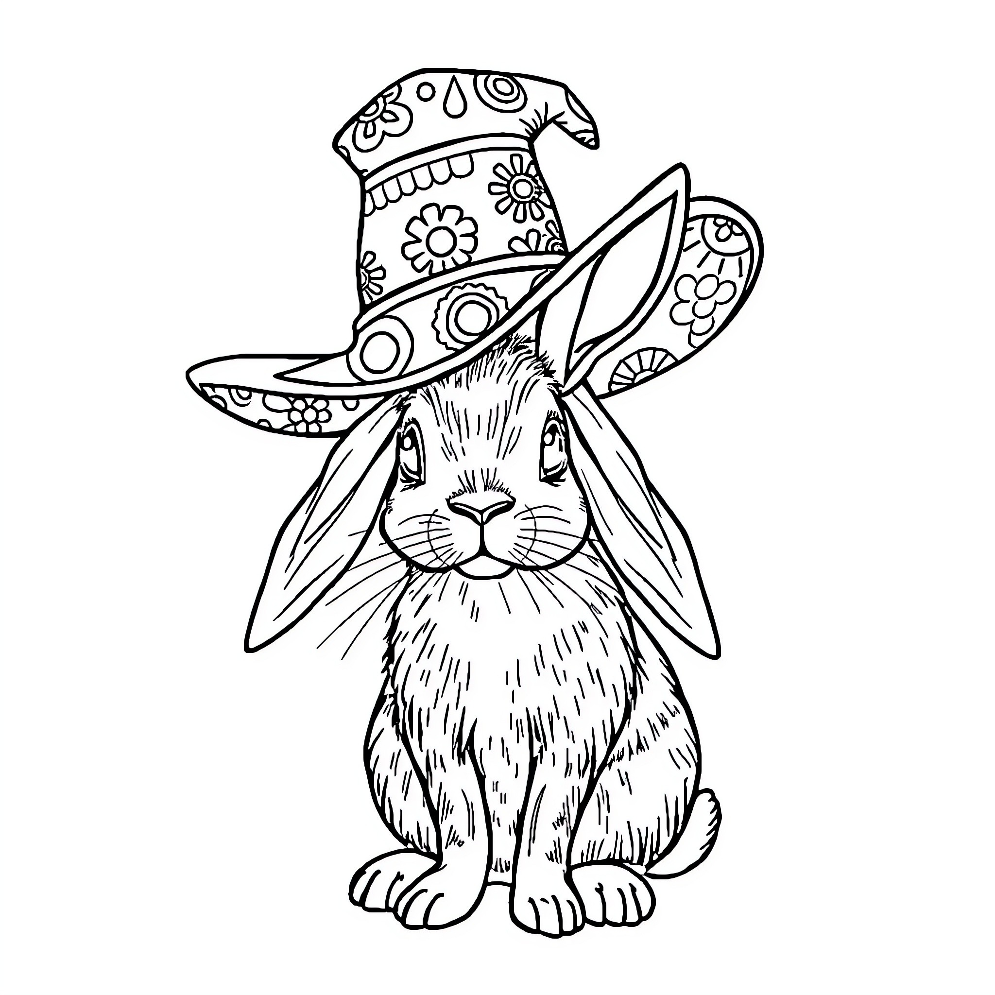 Rabbit wearing a decorative hat Coloring Page (free black-and-white line drawing printable PDF for all, from beginners to advanced learners, including children, teens, adults, and seniors)