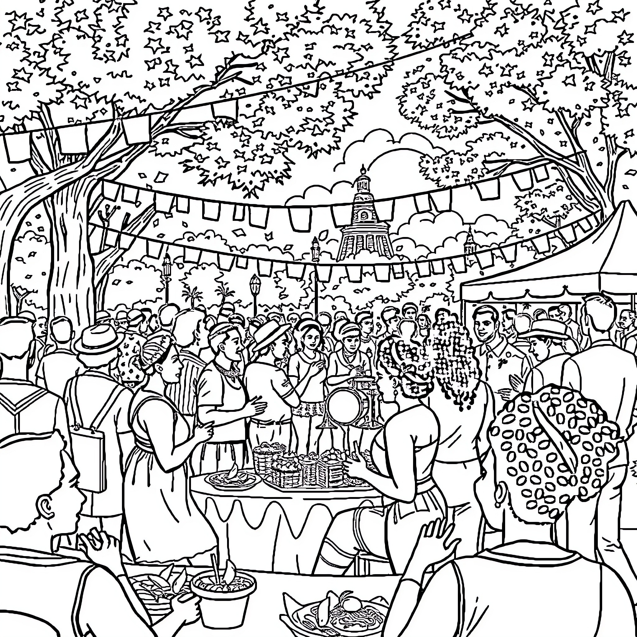 Juneteenth Celebration with Festive Crowd and Decorations Coloring Page (free black-and-white line drawing printable PDF for all, from beginners to advanced learners, including children, teens, adults, and seniors)
