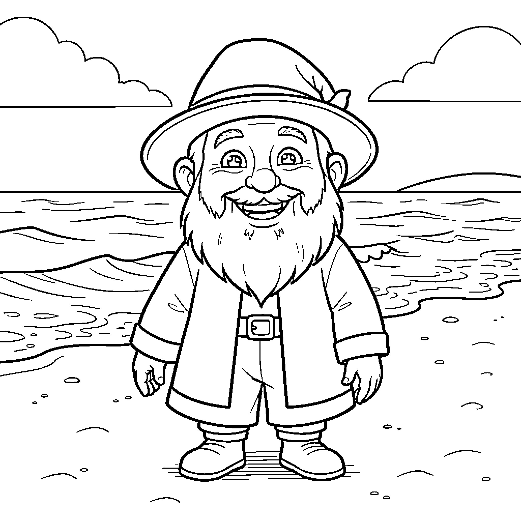 Santa Claus enjoying the ocean view Coloring Page (free black-and-white line drawing printable PDF for all, from beginners to advanced learners, including children, teens, adults, and seniors)
