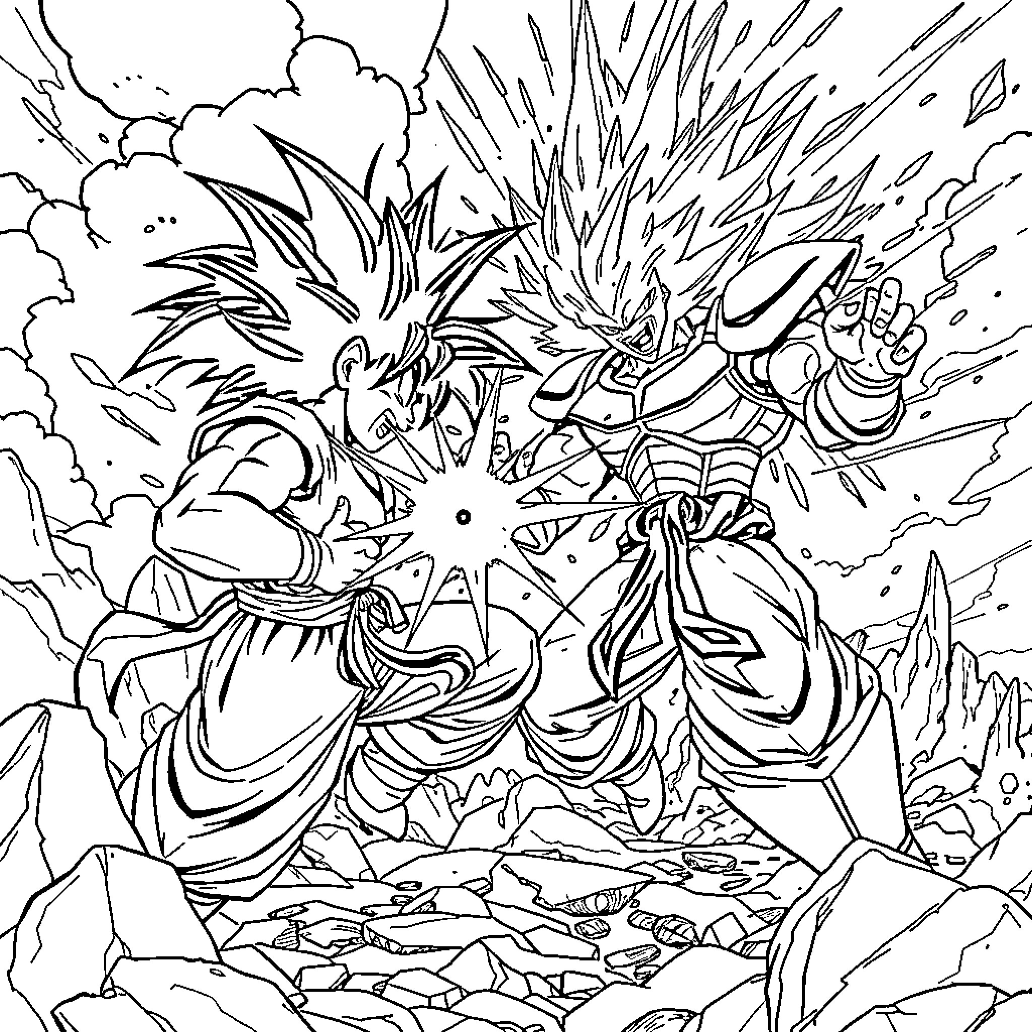 Goku engaging in intense battle with powerful opponents Coloring Page (free black-and-white line drawing printable PDF for all, from beginners to advanced learners, including children, teens, adults, and seniors)