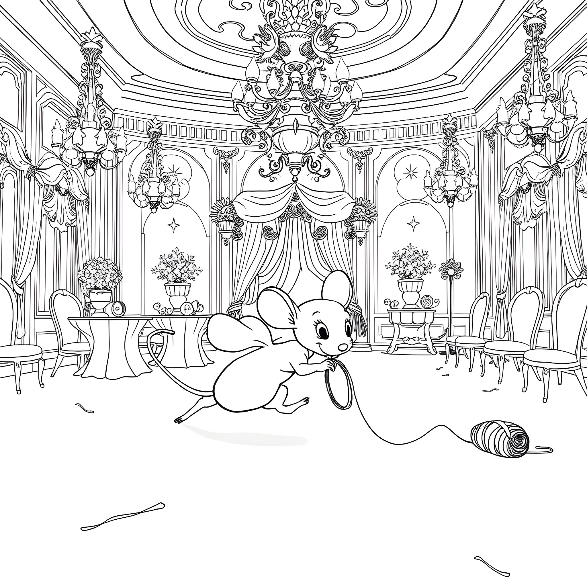 Cinderella's Enchanting Ball Preparations Coloring Page (free black-and-white line drawing printable PDF for all, from beginners to advanced learners, including children, teens, adults, and seniors)