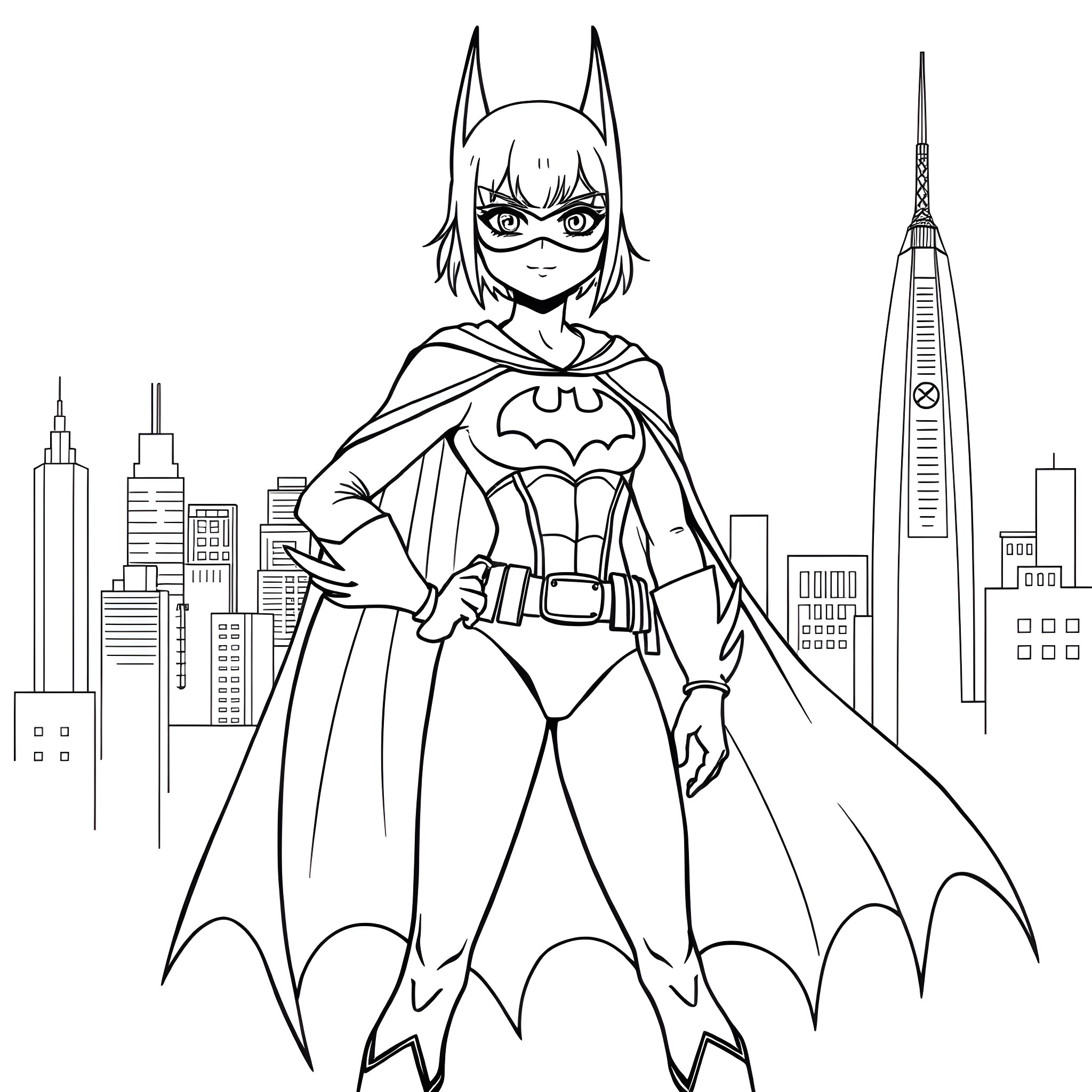 Shizuku, the Superhero Girl in the City Coloring Page (free black-and-white line drawing printable PDF for all, from beginners to advanced learners, including children, teens, adults, and seniors)
