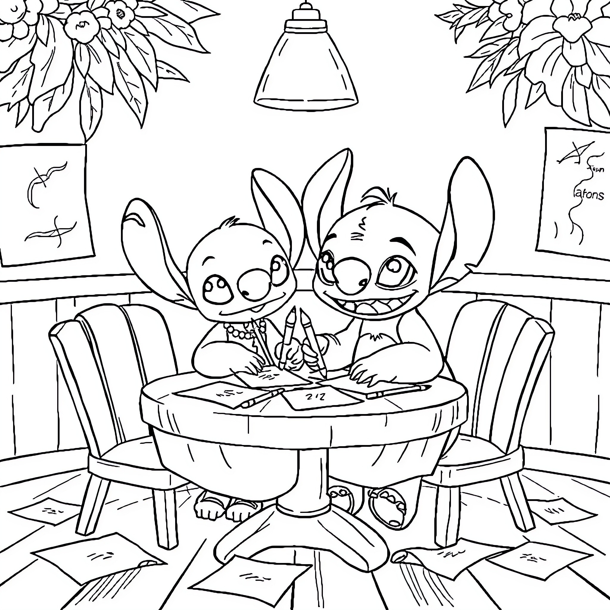 Lilo and Stitch enjoying a cozy day together Coloring Page (free black-and-white line drawing printable PDF for all, from beginners to advanced learners, including children, teens, adults, and seniors)