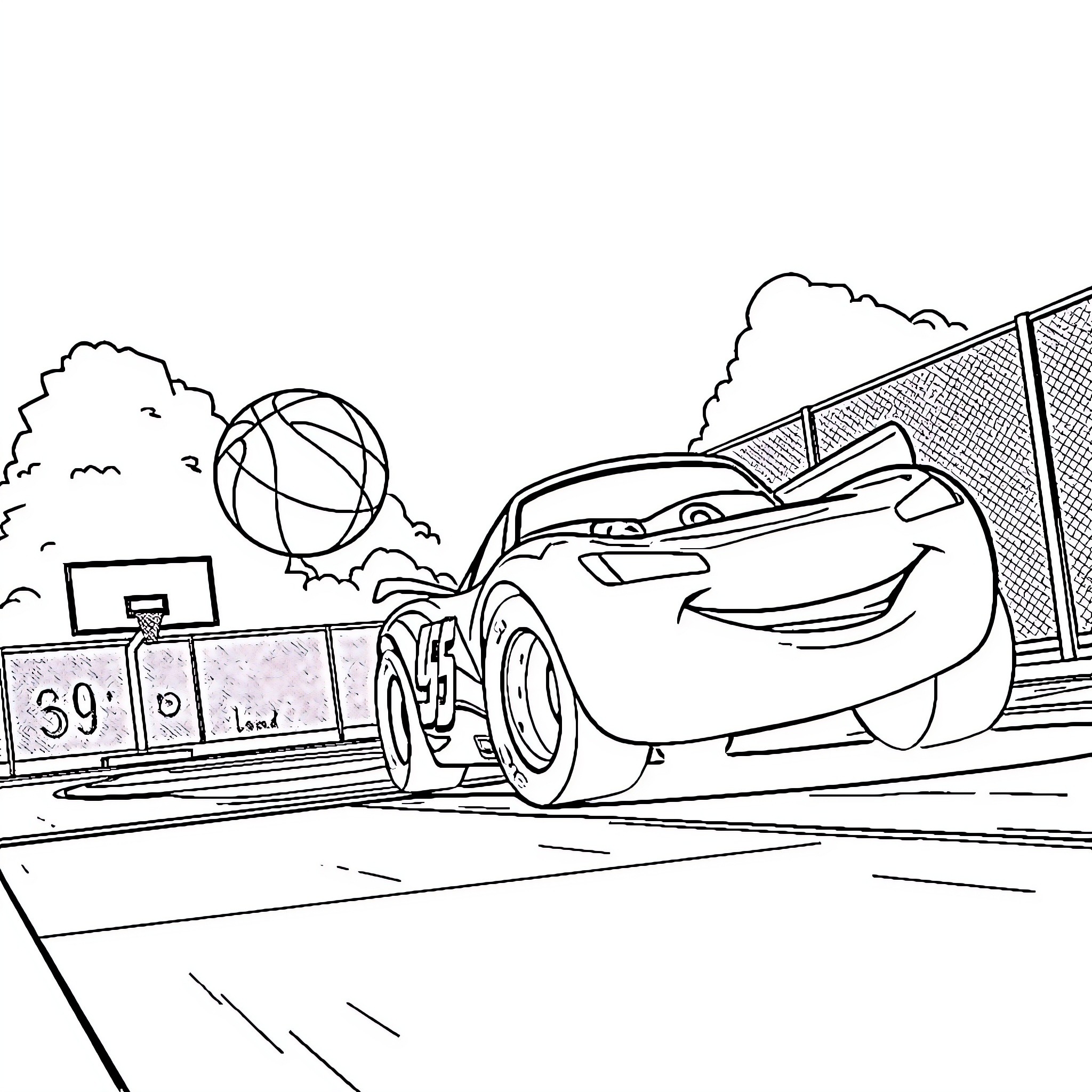 Lightning McQueen playing basketball on the court Coloring Page (free black-and-white line drawing printable PDF for all, from beginners to advanced learners, including children, teens, adults, and seniors)